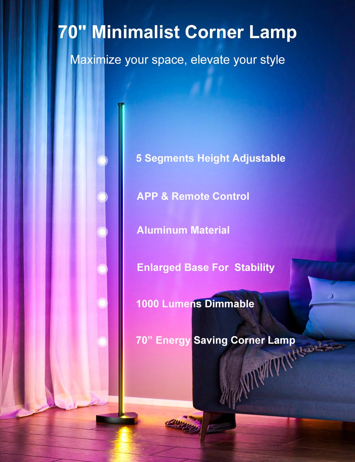 Eastfine Corner Floor Lamp, 70in LED, Black, Aluminum, APP & Remote Control, 16 Million Colors, Model DX23012-01
