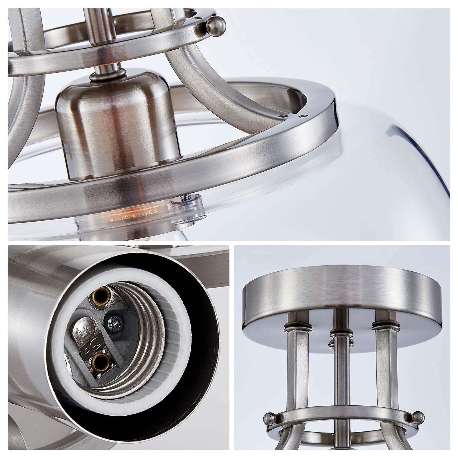 Wuzups Rustic Farmhouse Chandelier Led Light Fixture, Brushed Nickel, 10&quot; Round, Clear Glass Shades