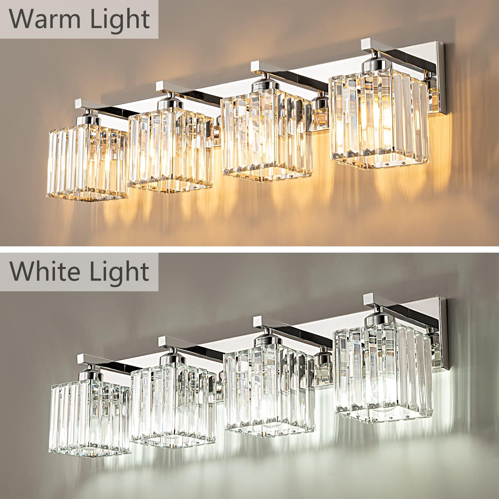 Fdpby Modern Bathroom Vanity Light 4-Lights Modern Chrome Crystal Bathroom Wall Light Bathroom Vanity Light Fixtures