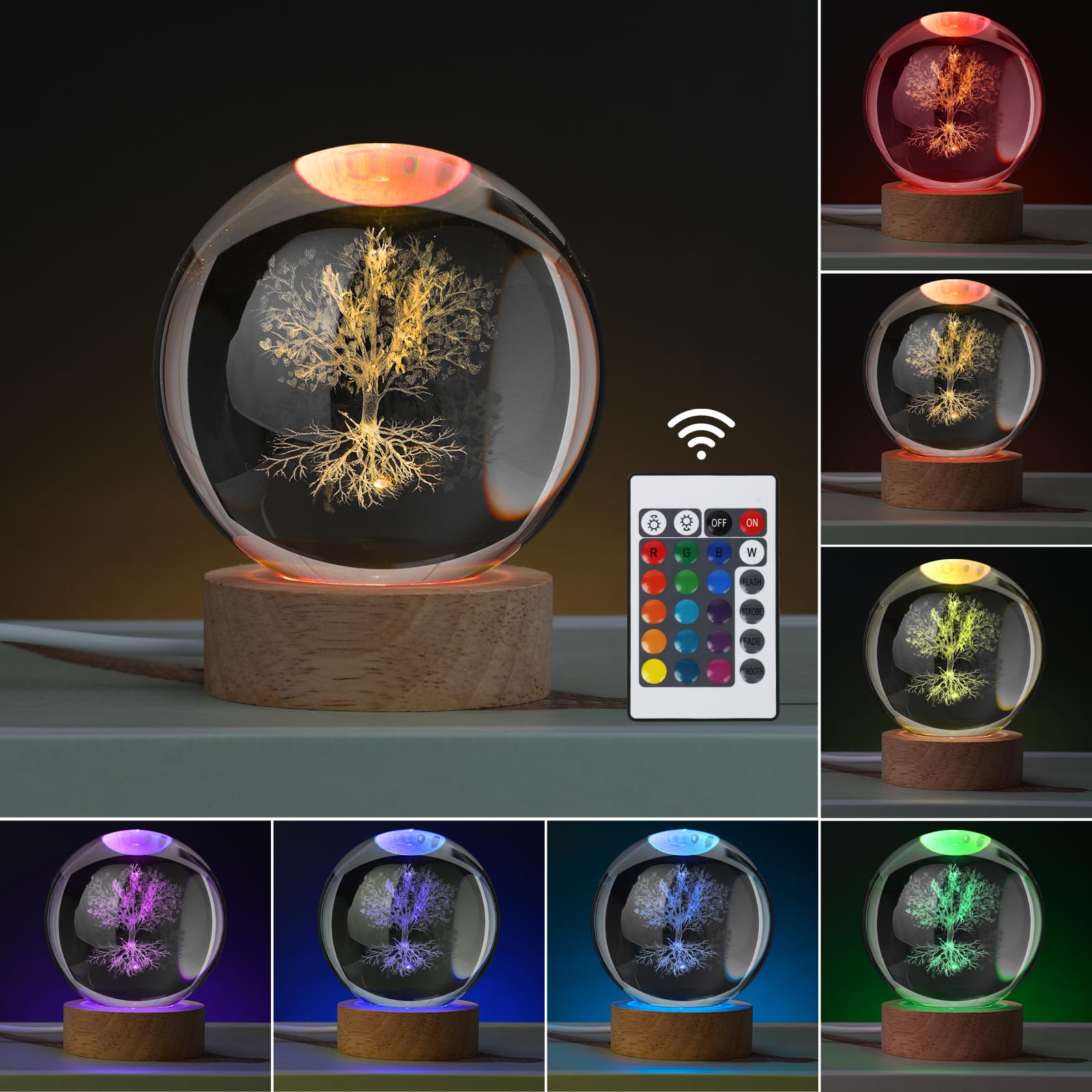 JANARARY 3D Tree Night Light Crystal Ball - 16 Color Changing, Remote Control, Spiritual Decor for Bedroom, Model MS-CrystalBallTree