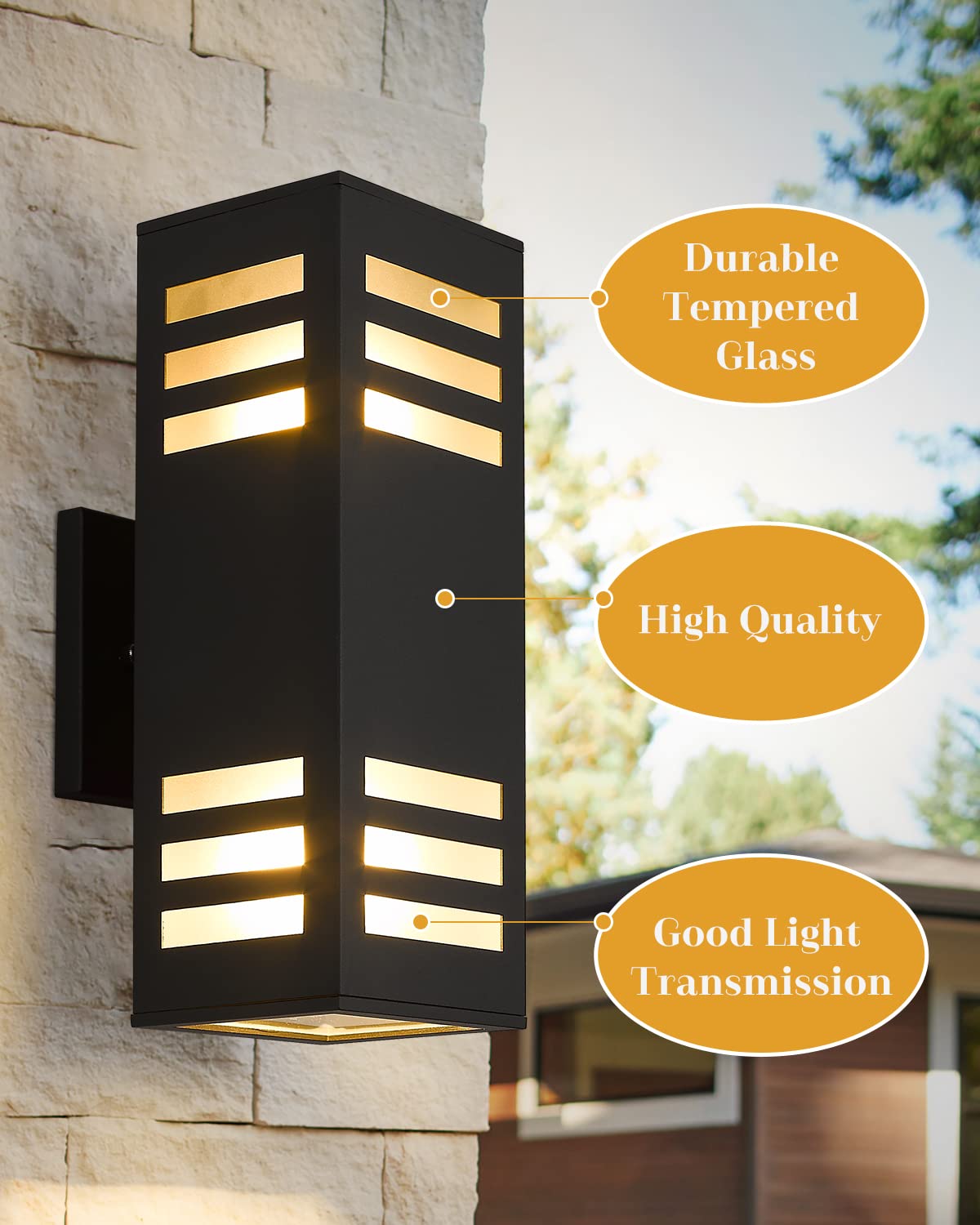Harriet Modern Outdoor Wall Light - Waterproof Aluminum Up/Down Sconce, Black, Tempered Glass