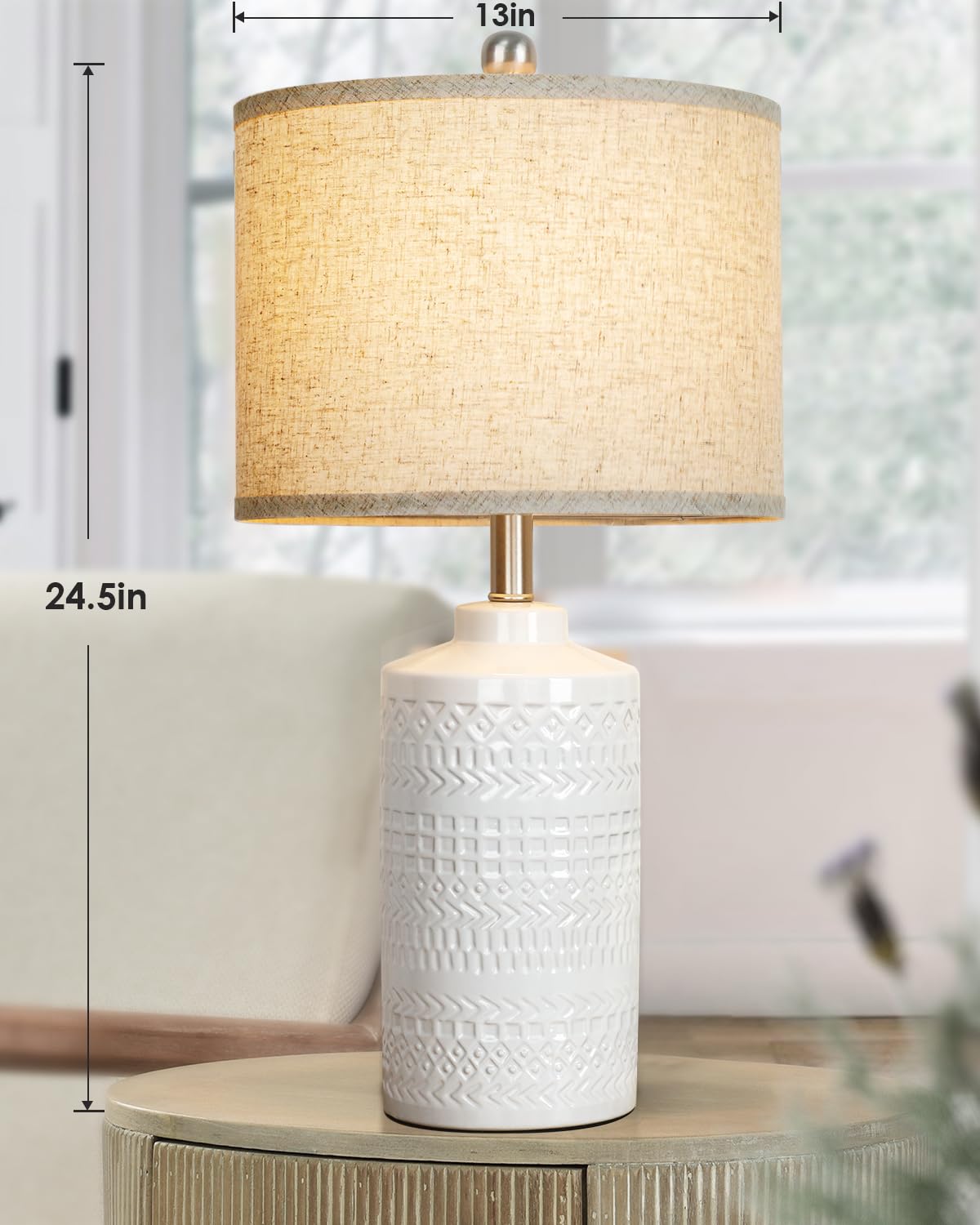 JUNNAI White Ceramic Table Lamp - 3-Way Dimmable, 24.5" Beige Shade for Living Room, Bedroom, Office