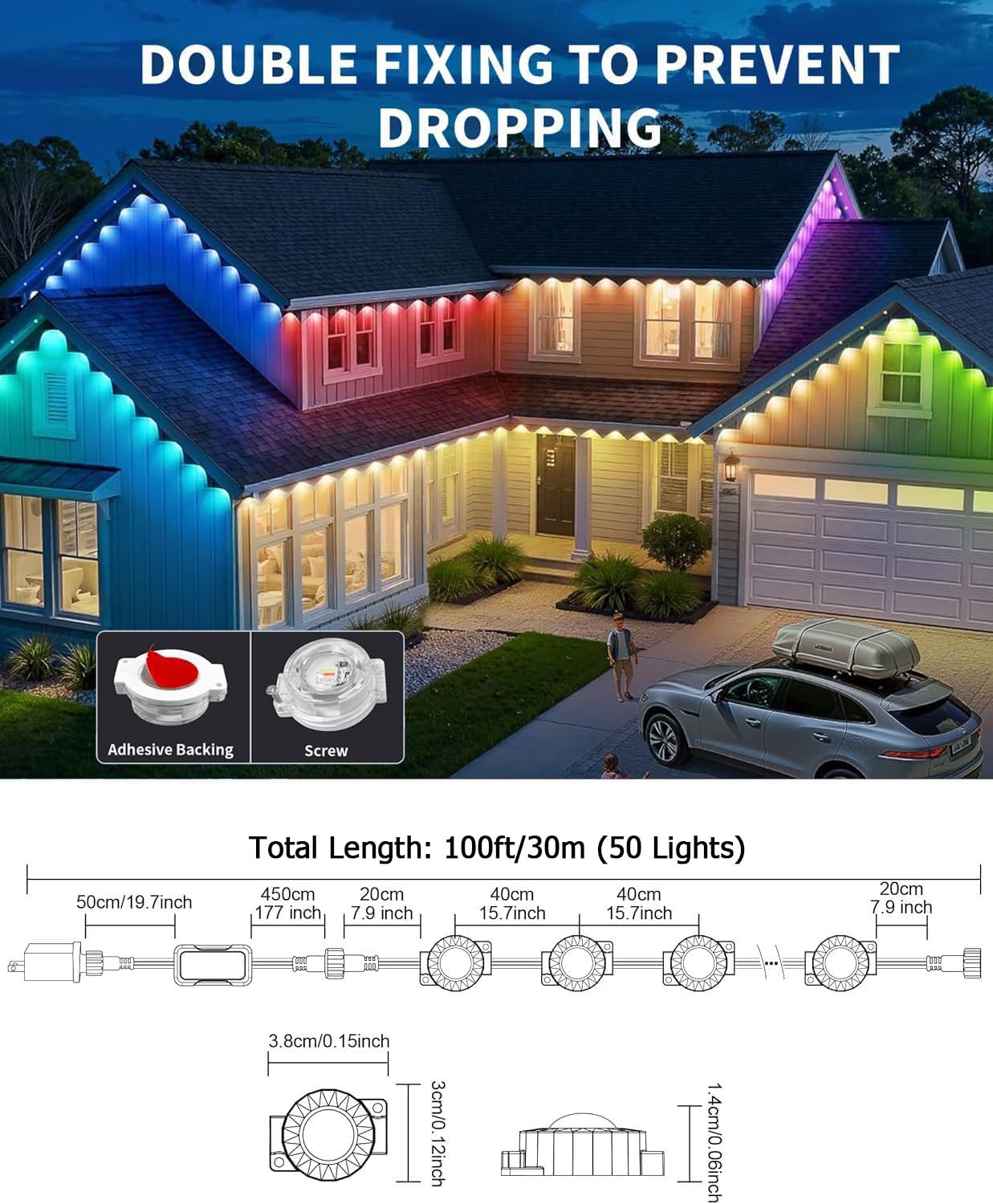 WRRLIGHT 100ft RGB LED Outdoor Lights, IP67 Waterproof, Smart Remote Control, Model KQ-NL-LED