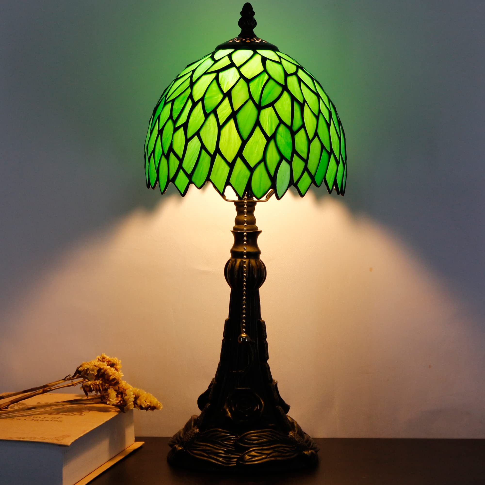 Small Tiffany Lamp Mini Stained Glass Desk Lamp Vintage Table Lamp Tiffany Style Night Light 8X17.5 Inch (Green Wisteria Leaves