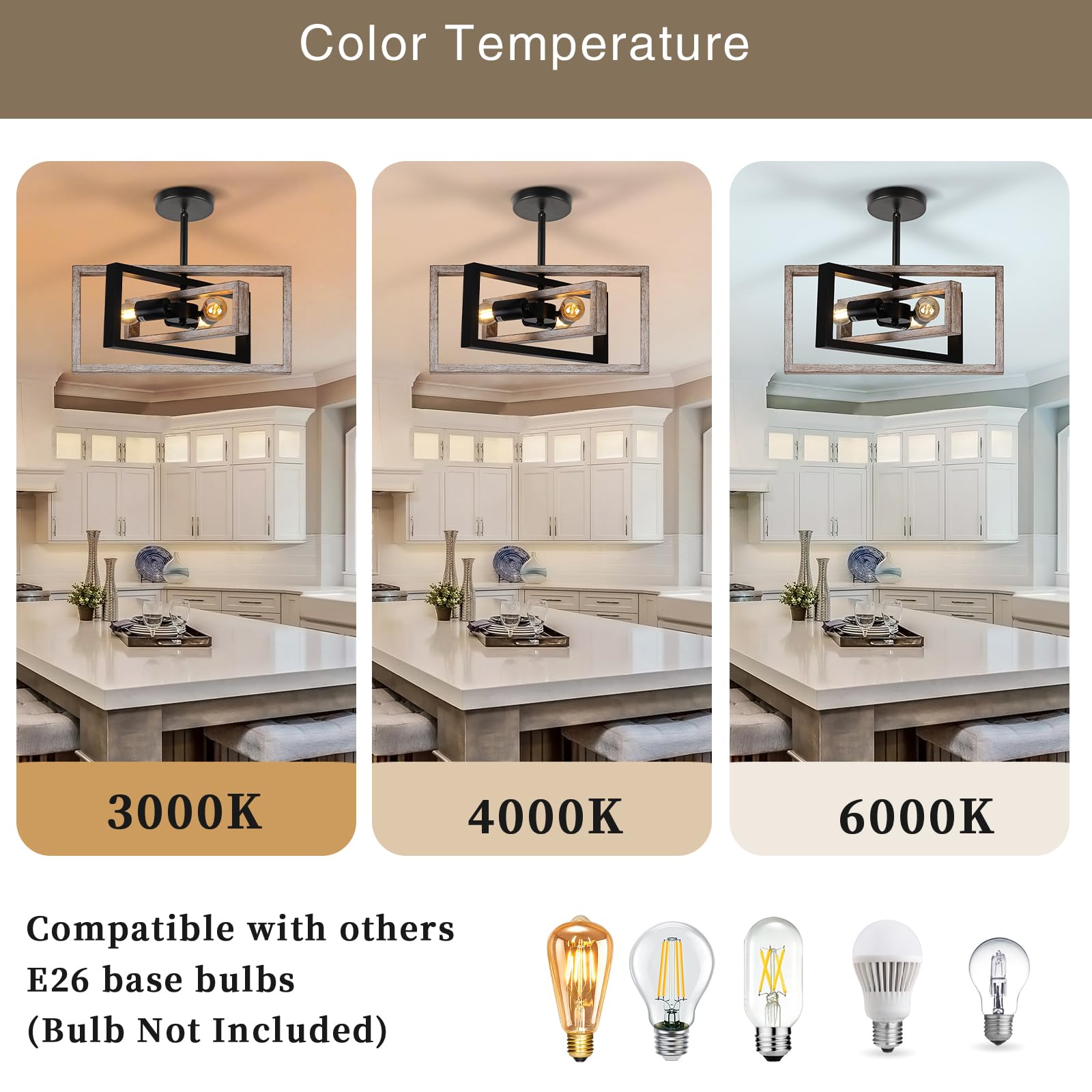 Huismier Farmhouse 3-Lights Flush Mount Ceiling Light Fixture  Industrial Wood And Metal Chandelier  Retro Close To Ceiling Lighting For Kitchen Entryway Hallway Bedroom Dining Room Living Room Foyer