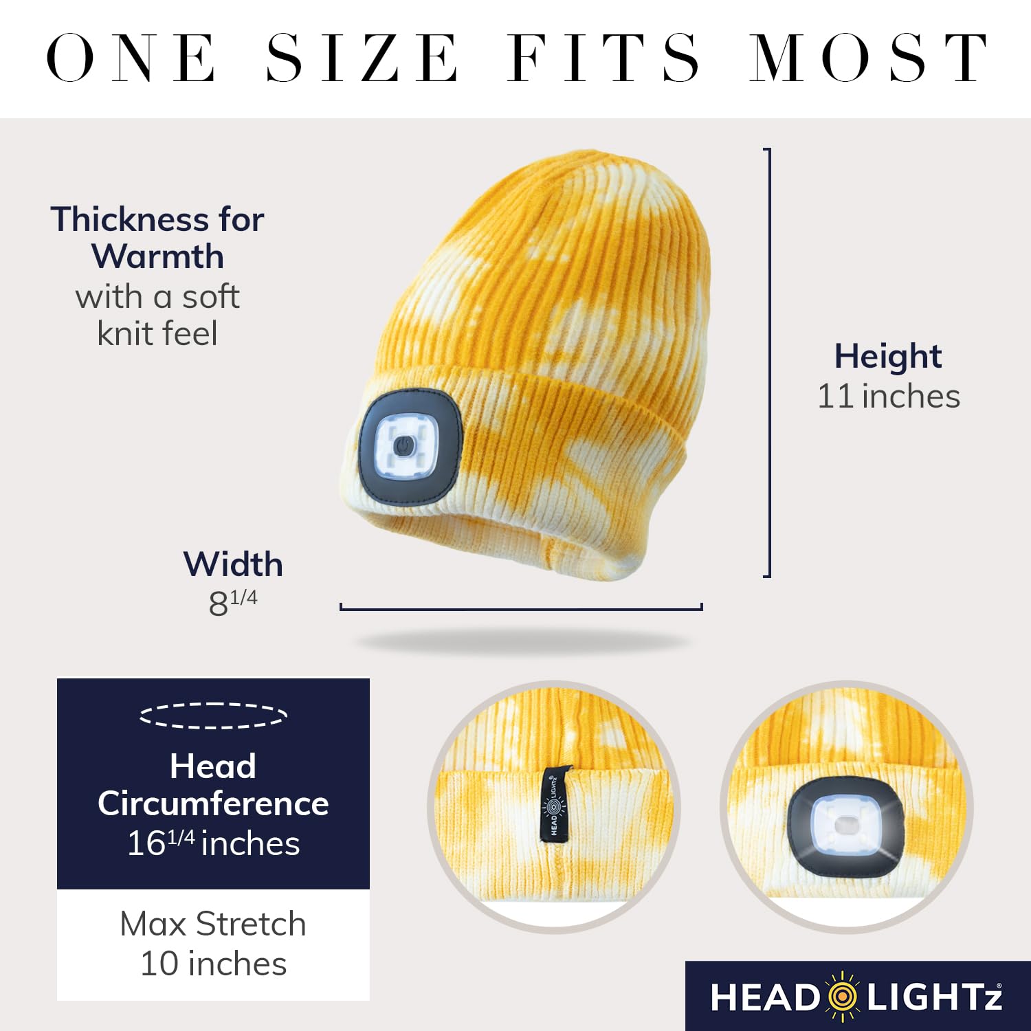 HEAD LIGHTZ LED Beanie Hat - Warm Knit Winter Cap, One Size Fits Most, Yellow Tie Dye, Unisex Lighted Hat for Outdoor Safety