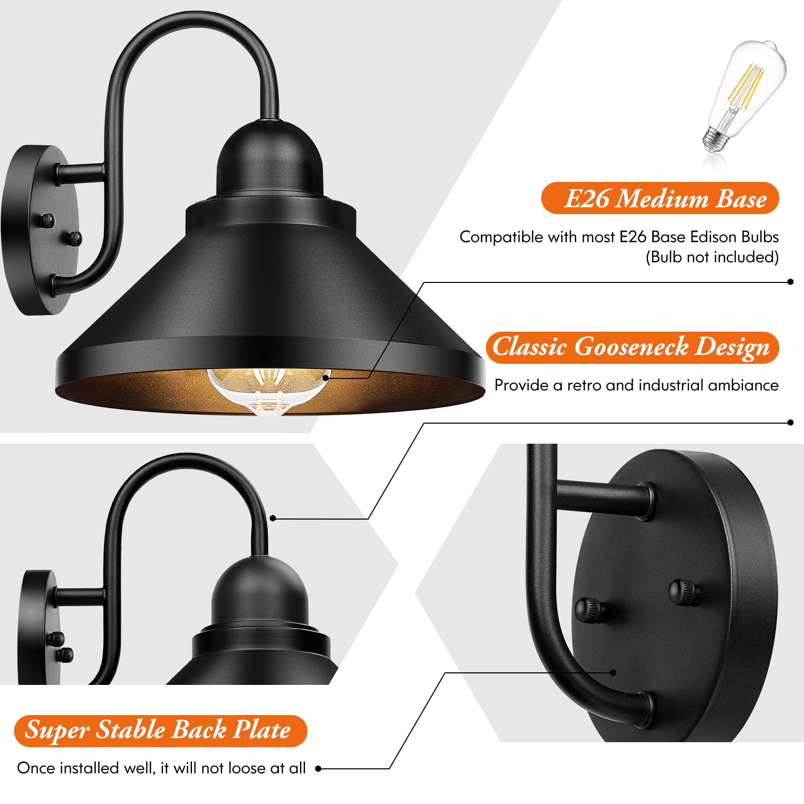 Brightever Gooseneck Wall Sconces, 2-Pack, 10.23IN Metal Barn Lights, Black, Model B10027P