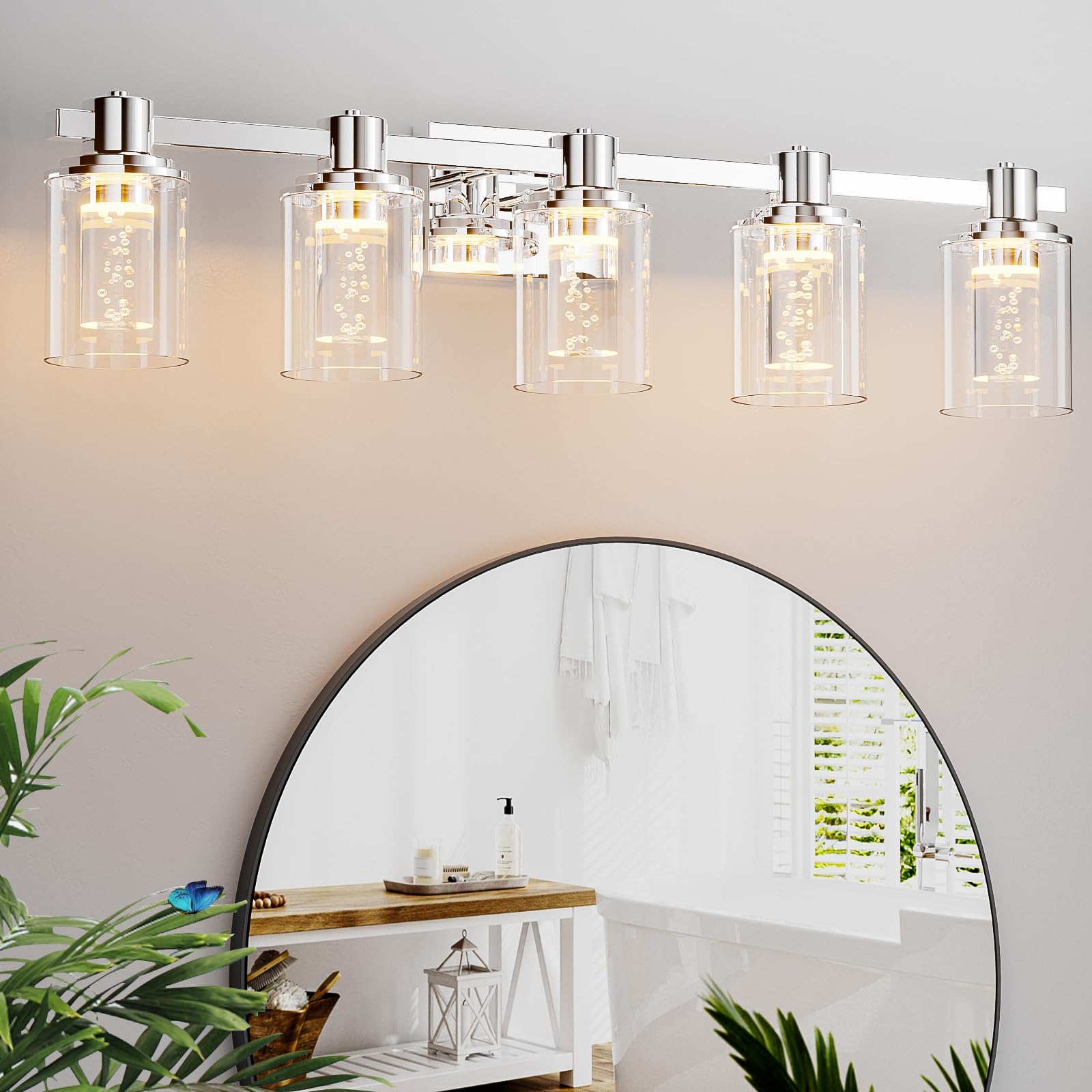 Quntis Chrome Bathroom Vanity Light Fixture  5-Light LED Lighting Fixtures Over Mirror  5 CCT Modern Bathroom Vanity Light with Crystal Bubble Glass Shade Dimmable Bathroom Wall Lamp