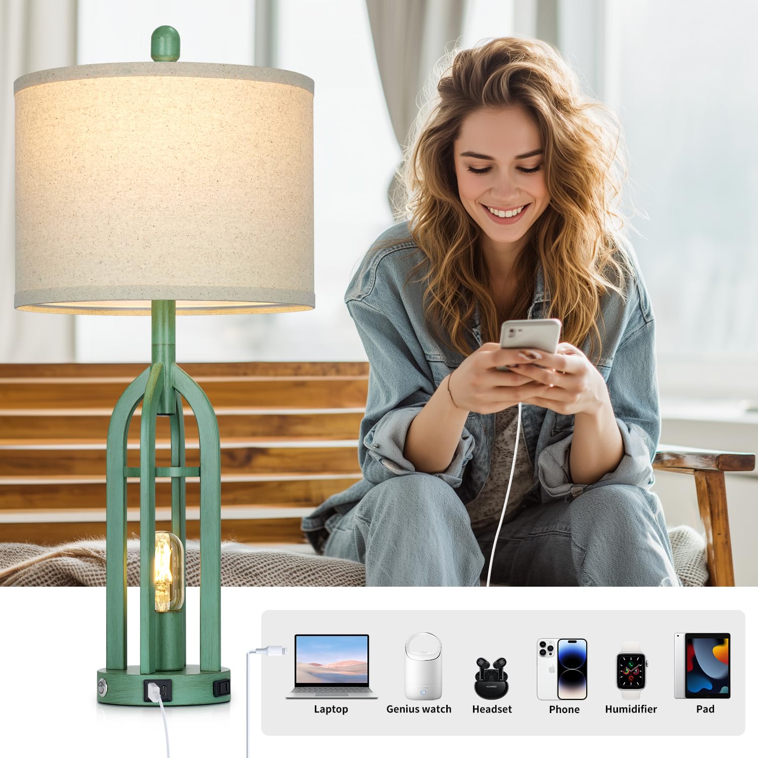Cinyirong 27" Tall Coastal Lamp, Retro Green Vintage USB Table Lamp, 3-Way Dimmable Touch Control, Metal for Bedroom, Nightstand