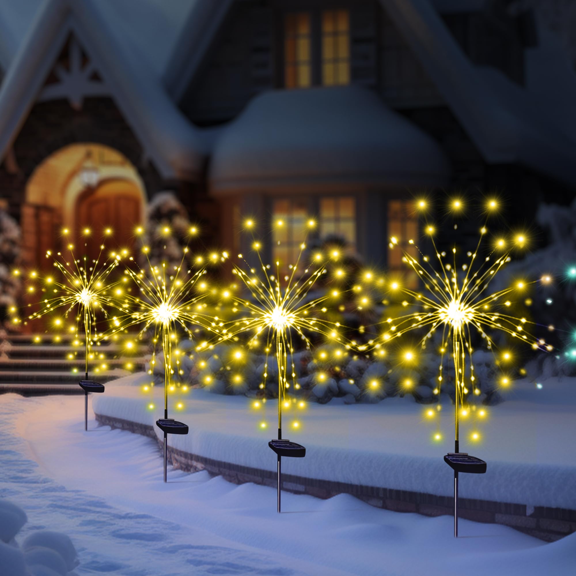 SolarEra Solar Garden Firework Lights, 4 Pack, 120 LED Sparklers, Waterproof Outdoor Decor, Warm White, Rubber, Yellow