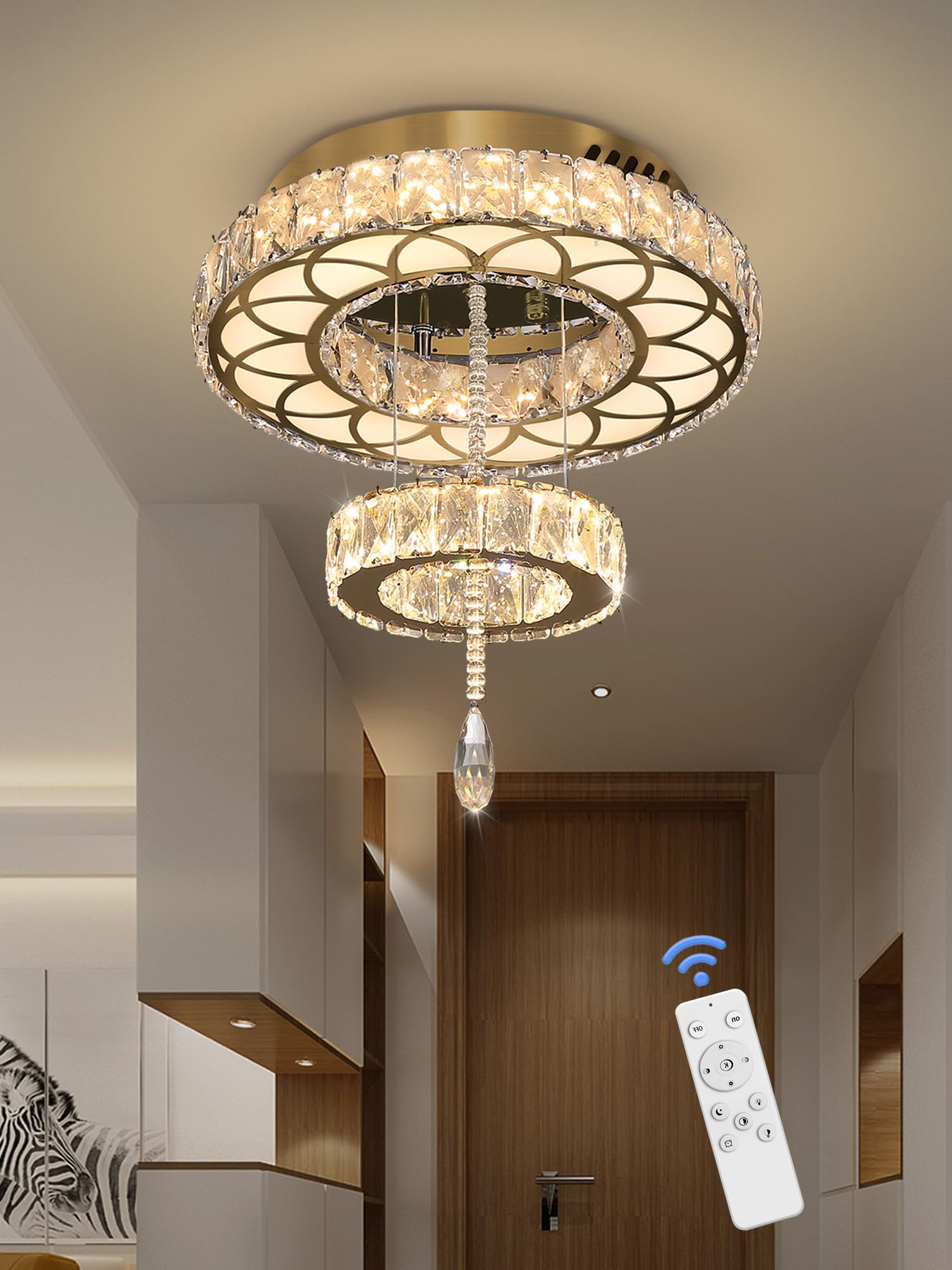 Flashing God 16" Crystal Chandelier LED Flush Mount Ceiling Light, Gold, Dimmable 2700K/4500K/6000K, Model MMQ0268-40-J