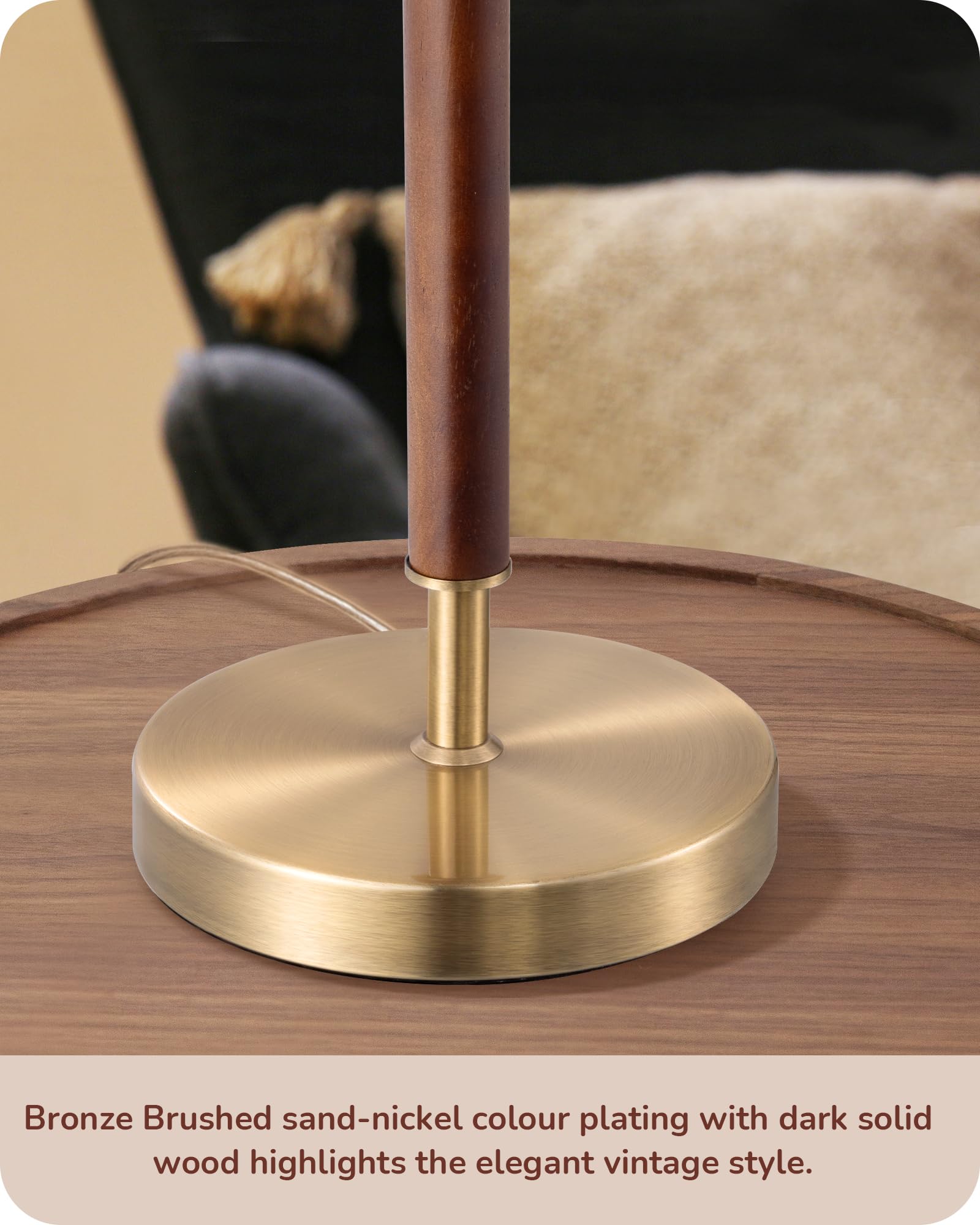 EDISHINE Mid Century Table Lamp Set of 2 - Linen Shade, Solid Wood & Bronze Base, Modern Nightstand Lighting for Bedroom & Living Room