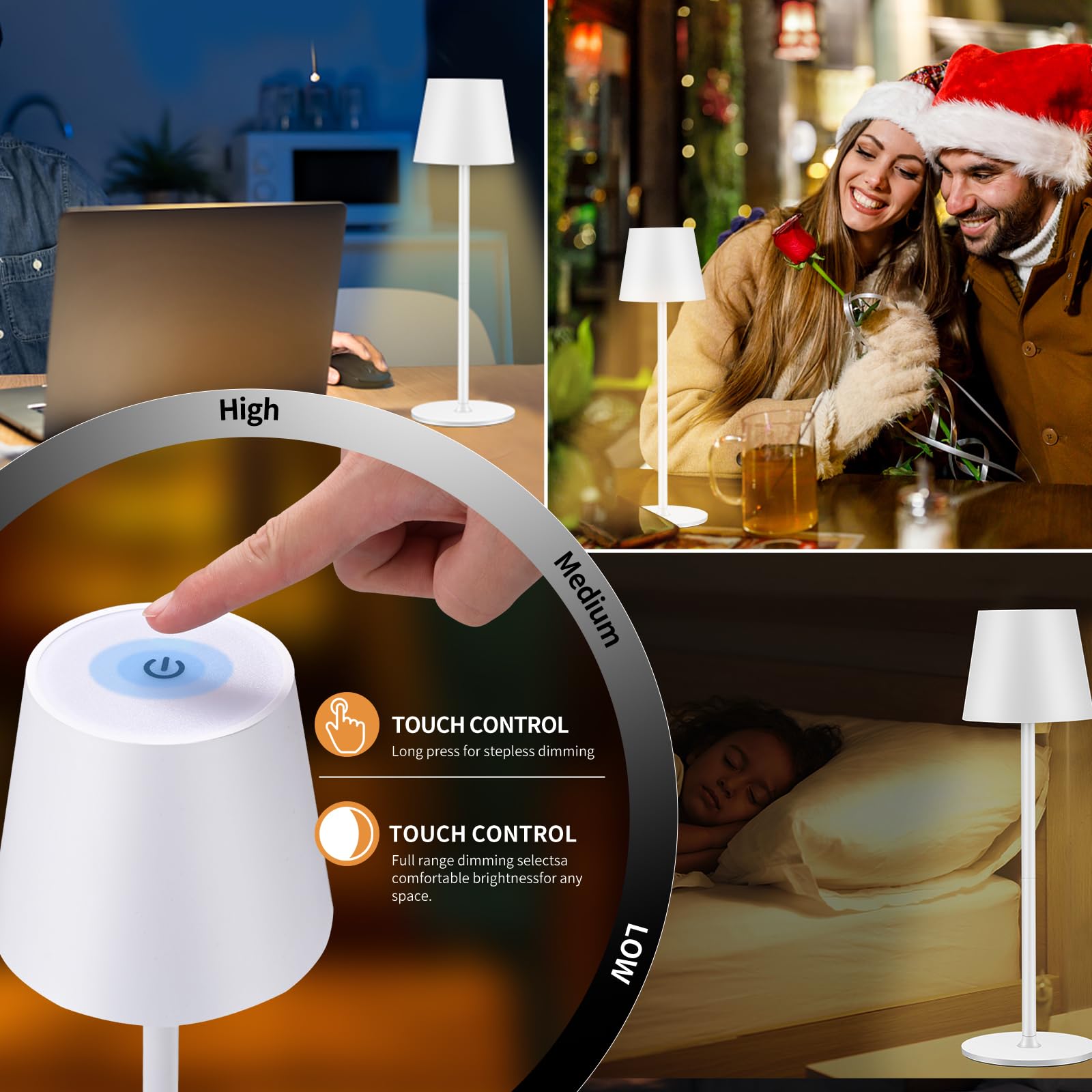 IMQSQIK Cordless Table Lamp, 5000mAh Rechargeable LED, 3 Color Modes, Dimming, White, Model CL-2pwhite