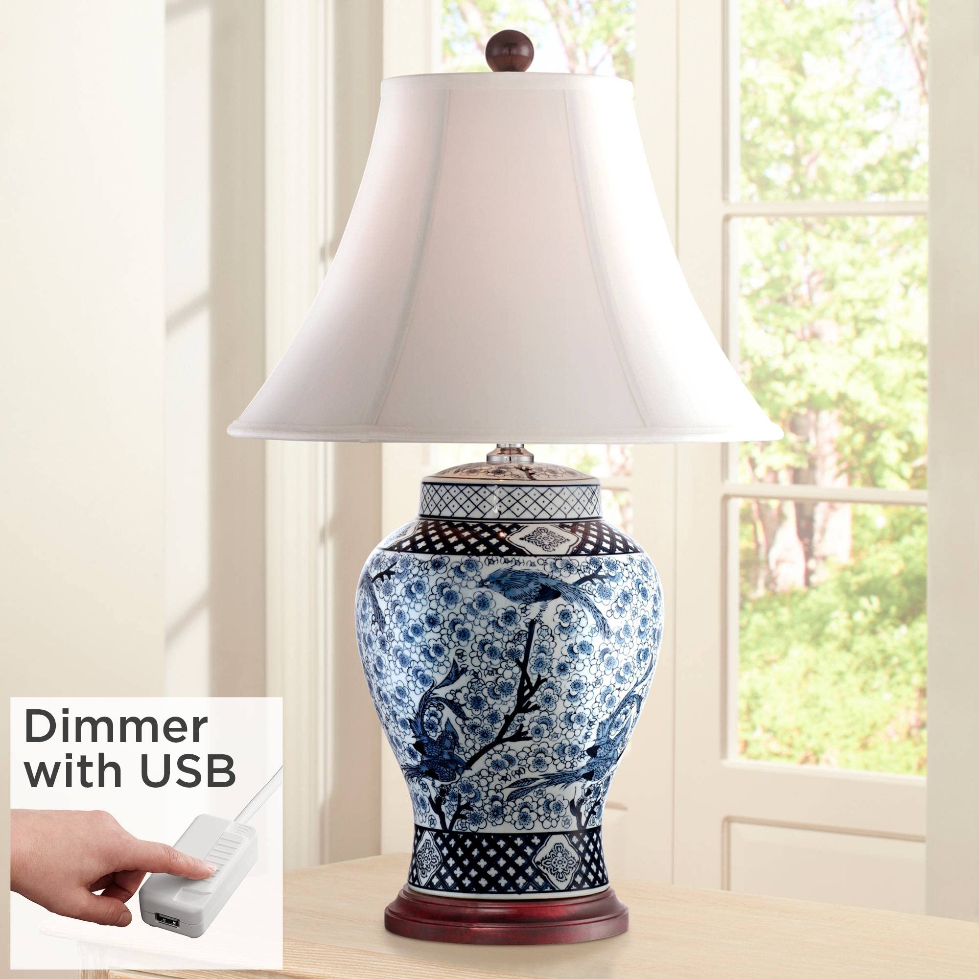 Barnes And Ivy Shonna Traditional Asian Style Jar Table Lamp With Usb Charging Port 27'' Tall Blue White Floral Porcelain Flared