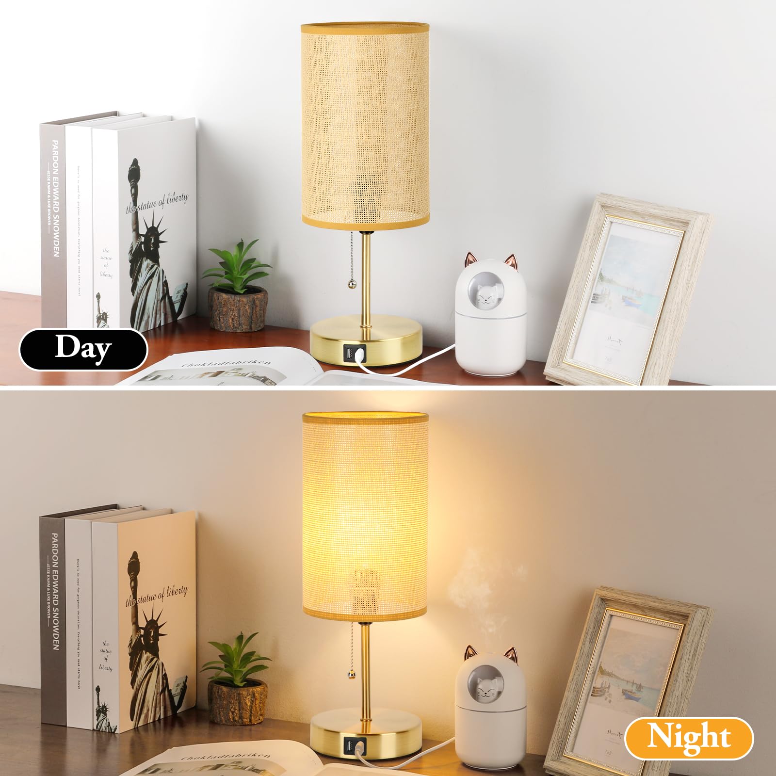 Set Of 2 Table Lamp With 2 Usb, Vintage Bedside Lamps For Bedrooms, Nightstand Lamps With Pull Chain, Bamboo Woven Desk Lamps Wi