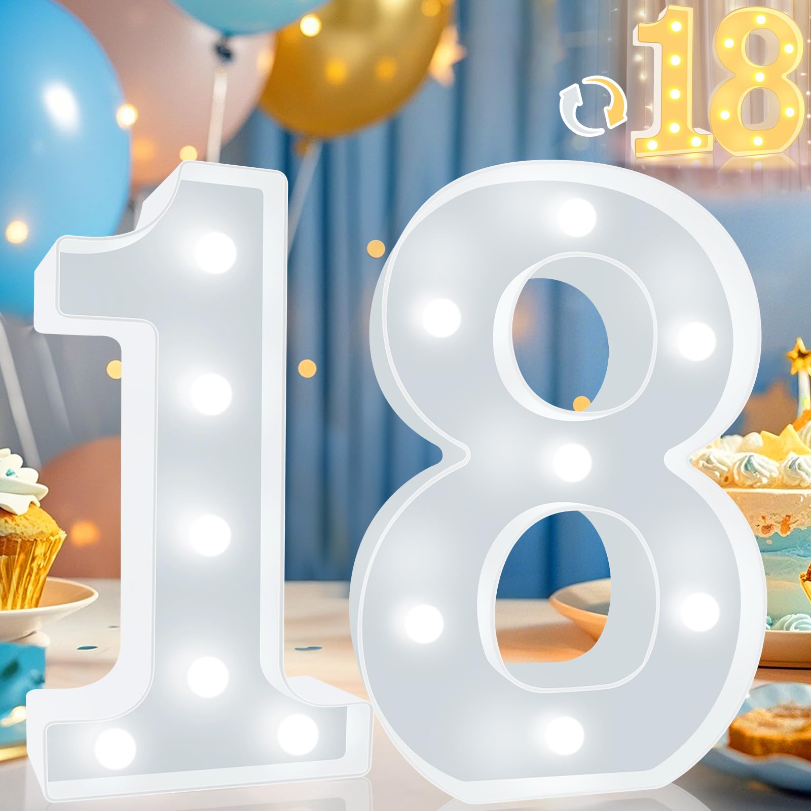 Pooqla LED Light Up Number 18 Sign for Birthday Decor, Plastic, Cool & Warm White, Model DENC-BP-01