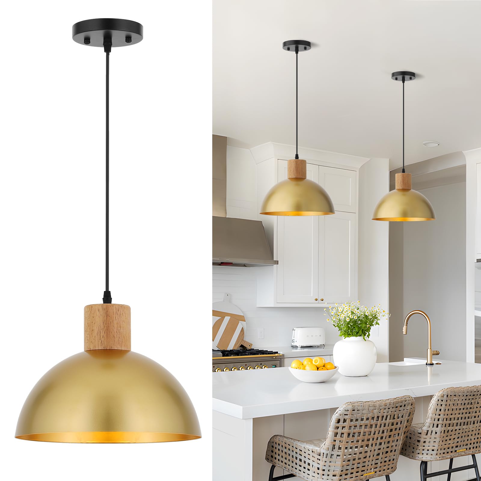 QianZhan Gold Pendant Light  11.8 Wood Pendant Lights Fixtures Adjustable Modern Dome Hanging Lighting for Kitchen Island Dining Room Farmhouse Sink Office Bedroom