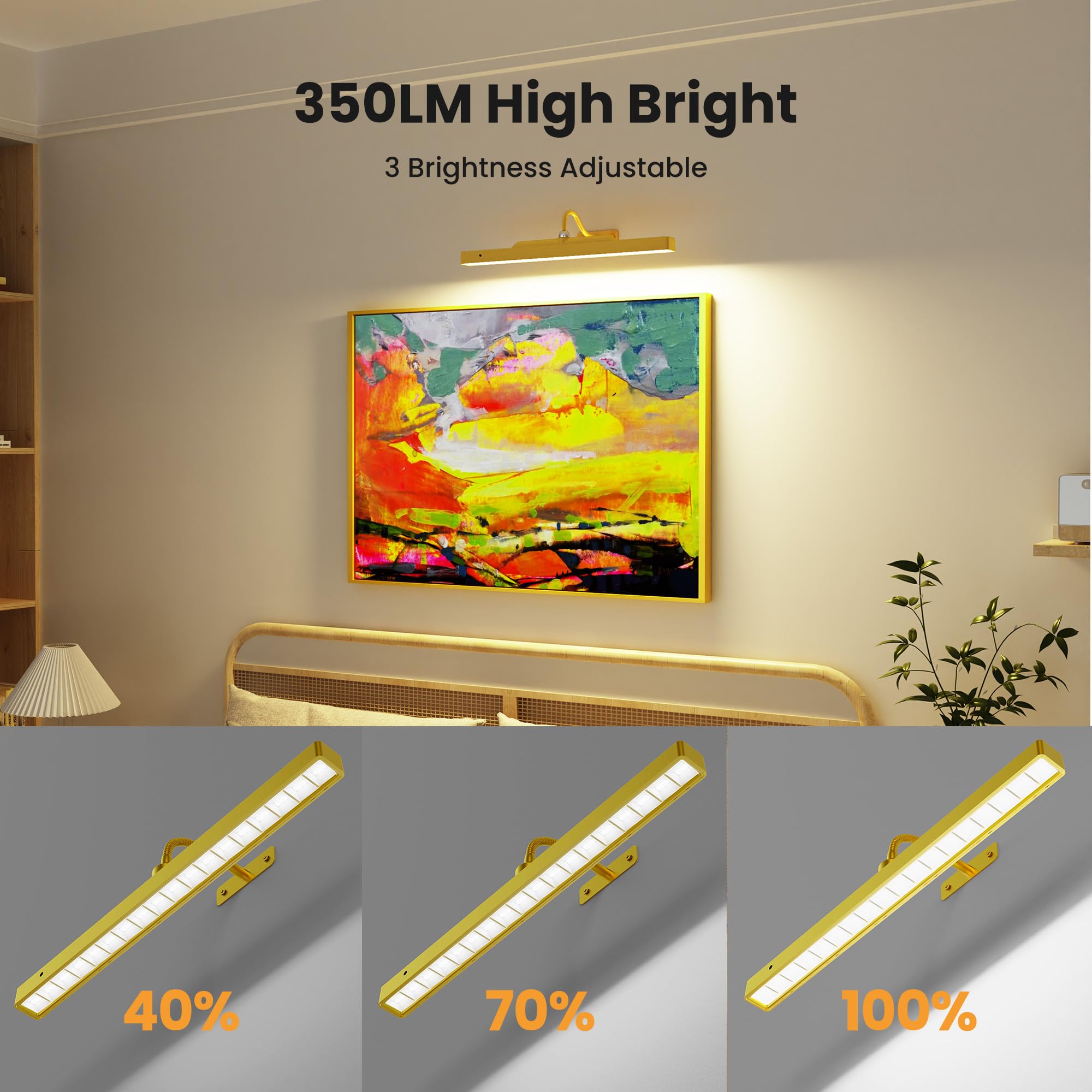 Craftersmark Picture Light - 16in Battery Operated Wall Lights, Gold, 5000mAh, Remote Control, 3 Light Modes, Ideal for Art and Portraits