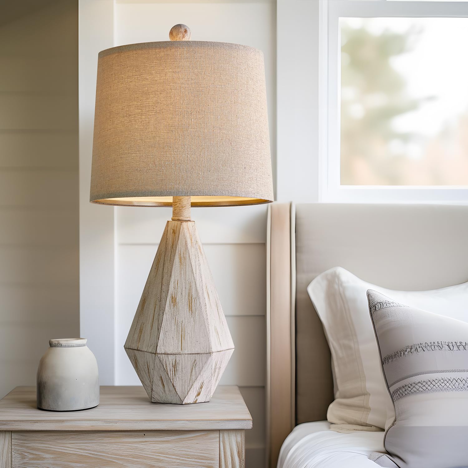 PoKat Rustic Table Lamp Set of 2, 20.25" Small, Washed White, Vintage Nightstand Lamps for Bedroom, Living Room, Office