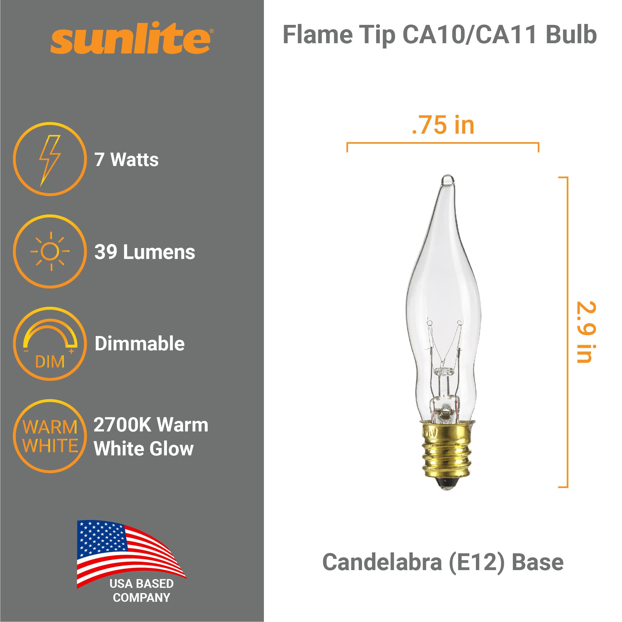 Sunlite 40342 Incandescent Petite Flame Tip Chandelier Light Bulb, 7 Watts, Candelabra Base (E12), Dimmable, For Chandeliers, Sc