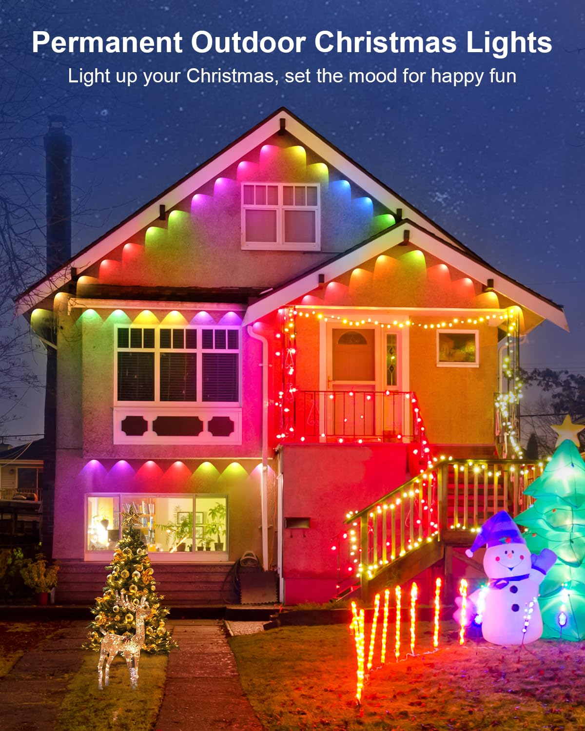 Reylax Rgb Permanent Outdoor Lights 100Ft 60 Leds Eaves Lights, Dimmable Ip67 Waterproof Smart Christmas Lights For Outdoor Deco