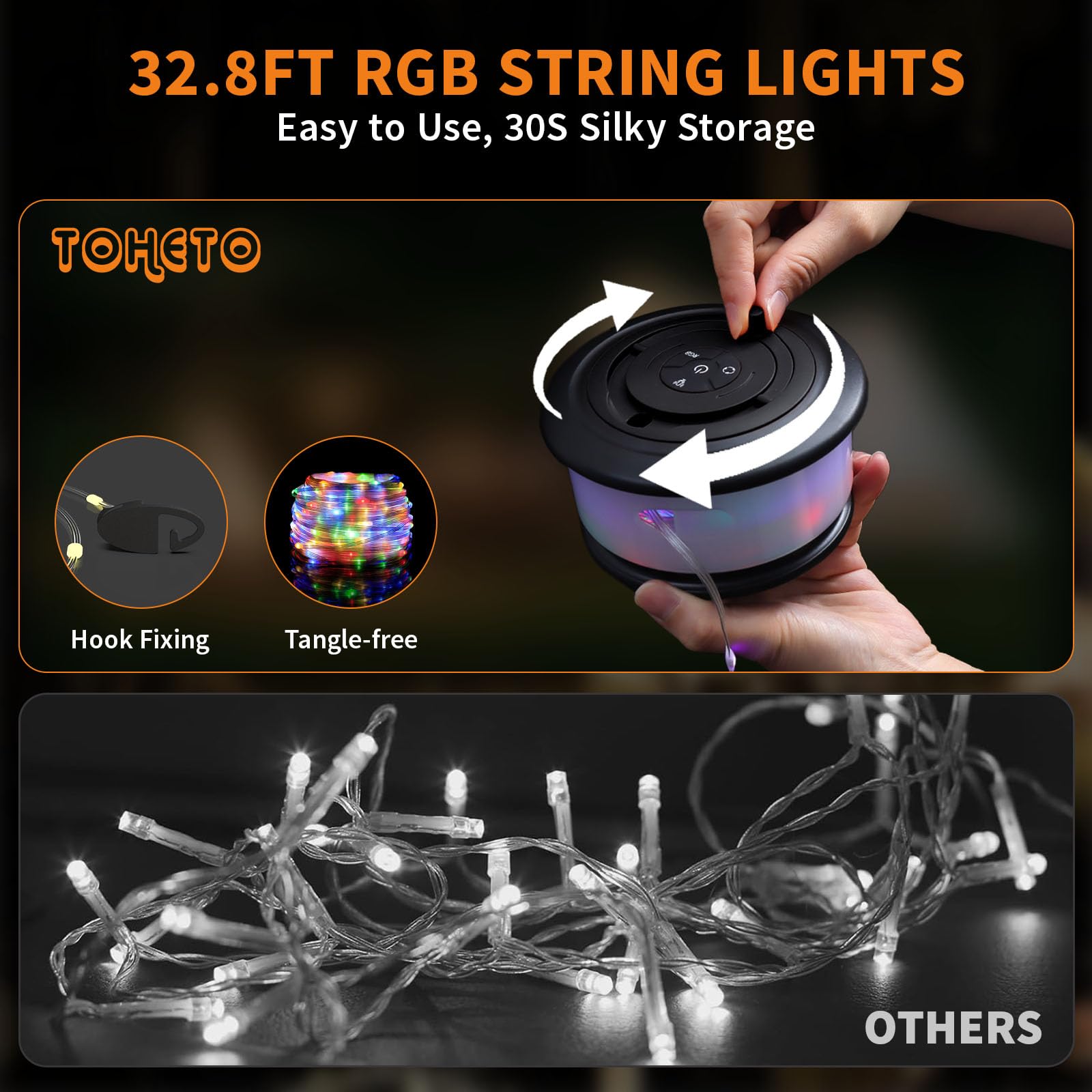 TOHETO Camping String Lights, 3 in 1 Retractable RGB, 19 Lighting Modes, 32.8 FT, Rechargeable, Black, Model JSK-L26