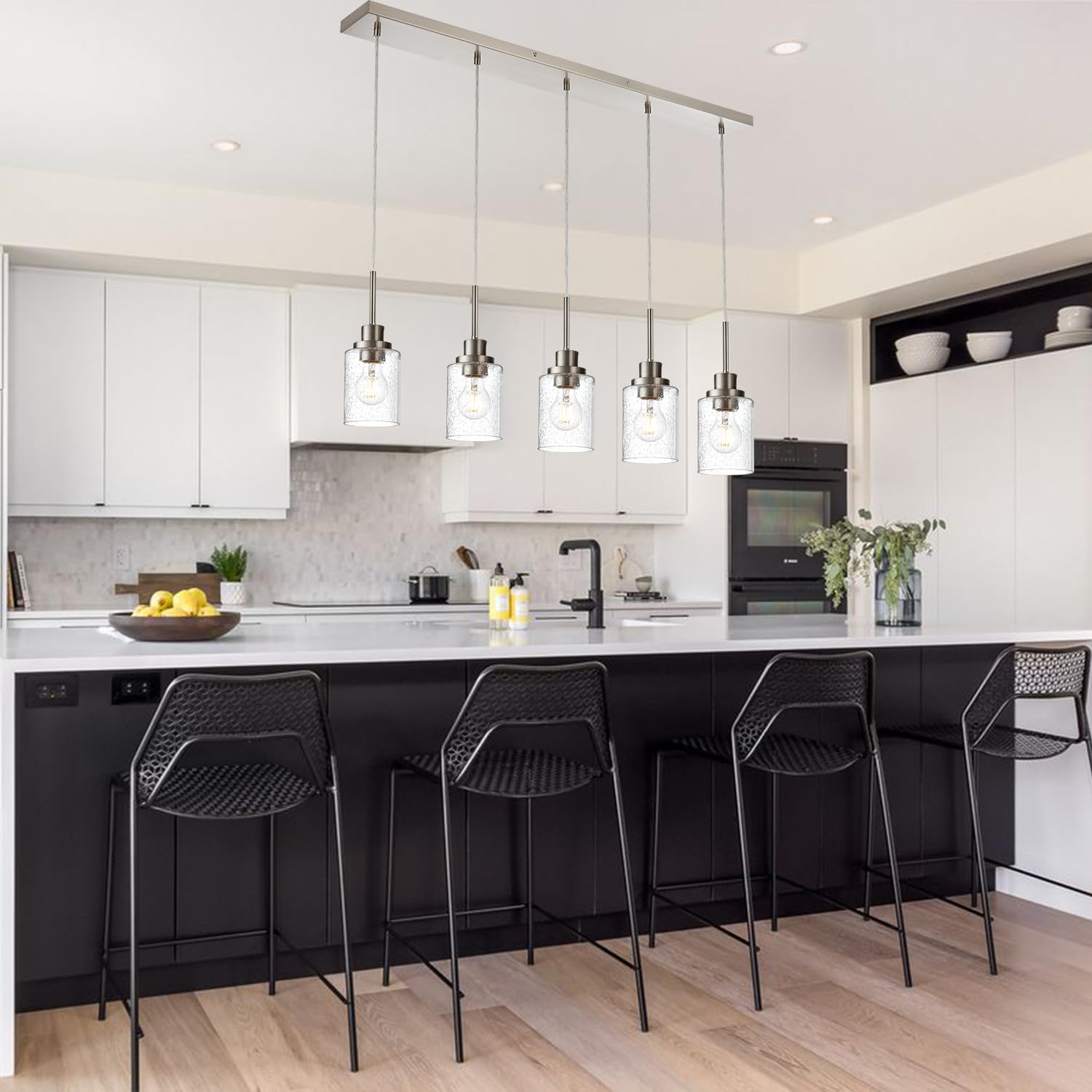 Pendrion Lighting Contemporary Brushed Nickel Linear Chandelier Pendant Light 5 Lights Clear Seeded Glass Farmhouse Pendant Ligh