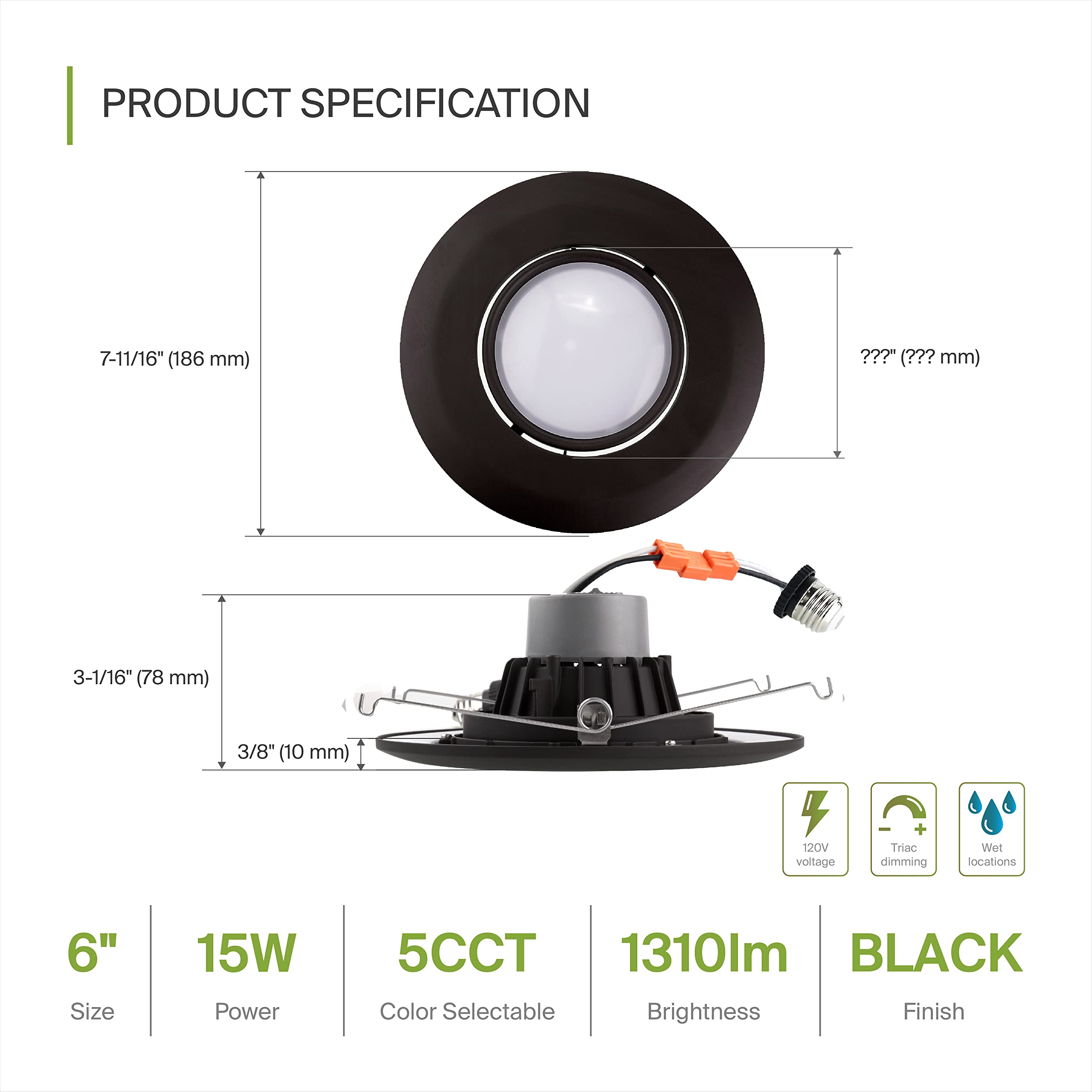 ASD 6 Inch Gimbal LED Recessed Light - Black Trim, 15W 1310LM, Dimmable, Adjustable, 6 Pack, Aluminum, Model A-LRKGB