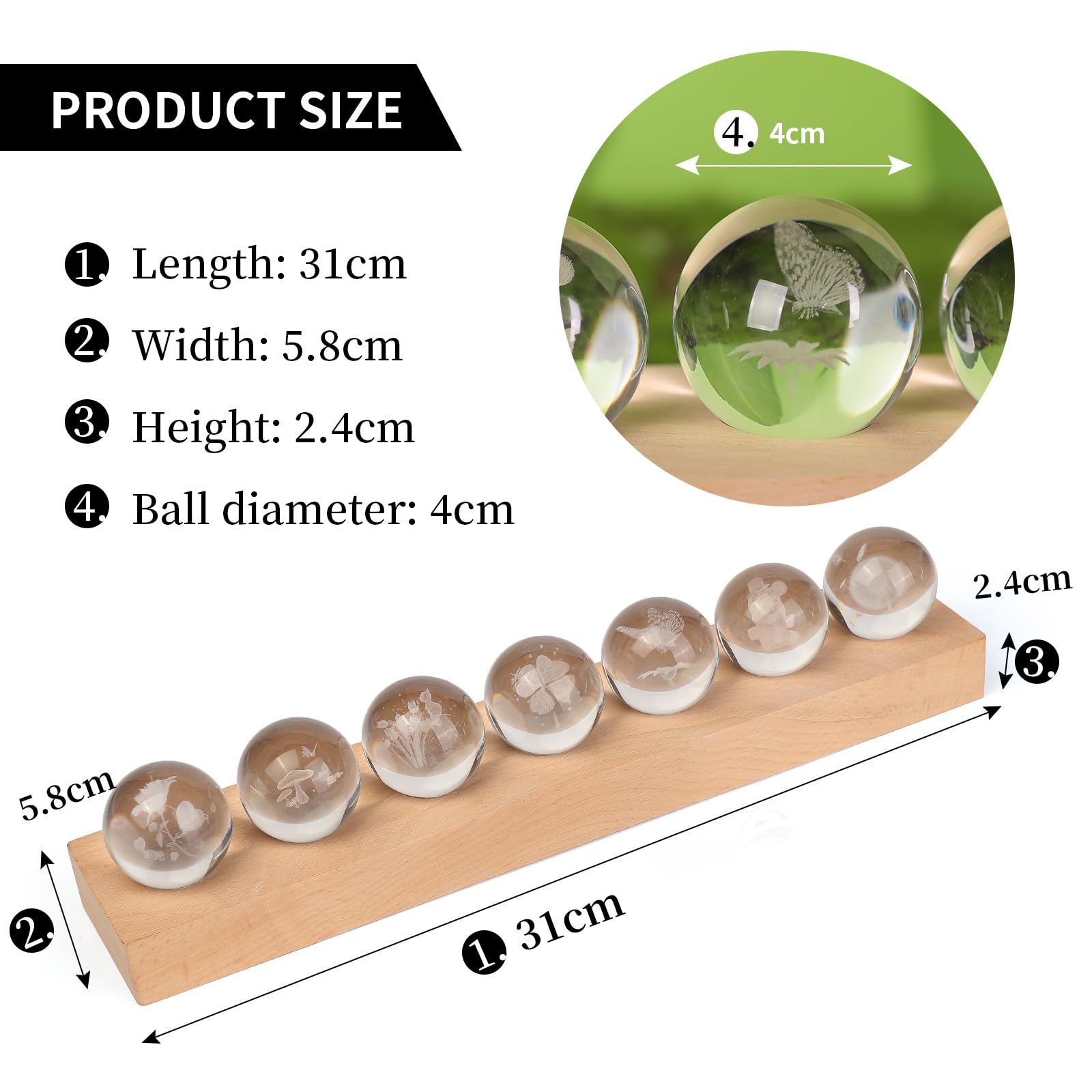 Dokscdlo 7 Pcs Flower Plant Crystal Ball Night Light Healing Spheres With Led Wooden Base, 3D Rose Chrysanthemum Mushroom Crysta