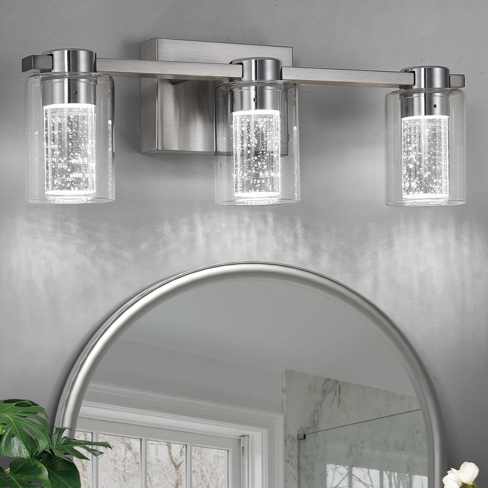 Zhizenl Bathroom Light Fixtures, Brushed Nickel 3 Light Bathroom Vanity Light Over Mirror, Modern Crystal Dimmable Led Vanity Lights With Clear Glass Shade For Bedroom Living Room