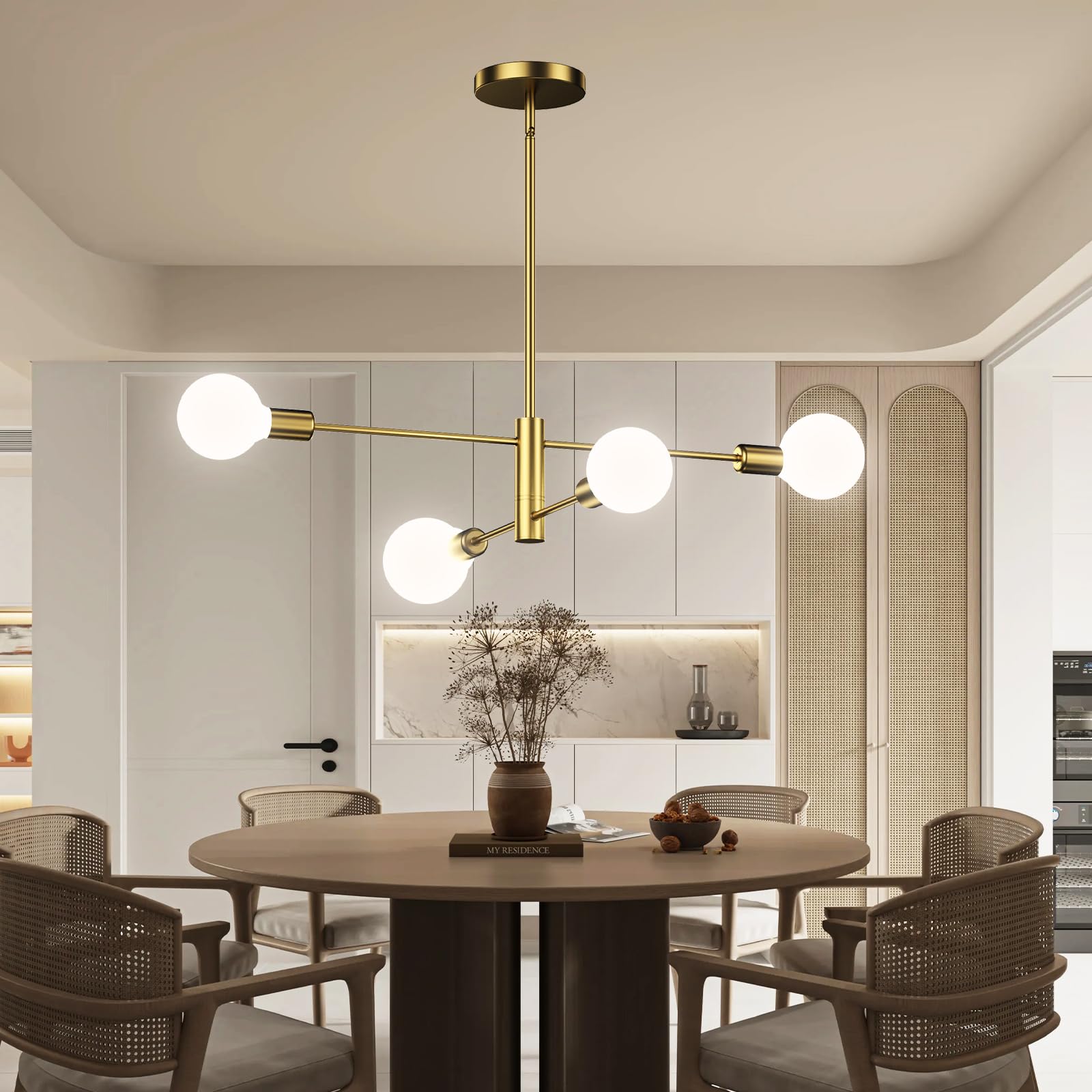 Chandelier, 4-Light Dining Room Ceiling Light Fixture, 3-Height Adjustable Chandeliers For Dining Room, Dimmable Dining Room Cha