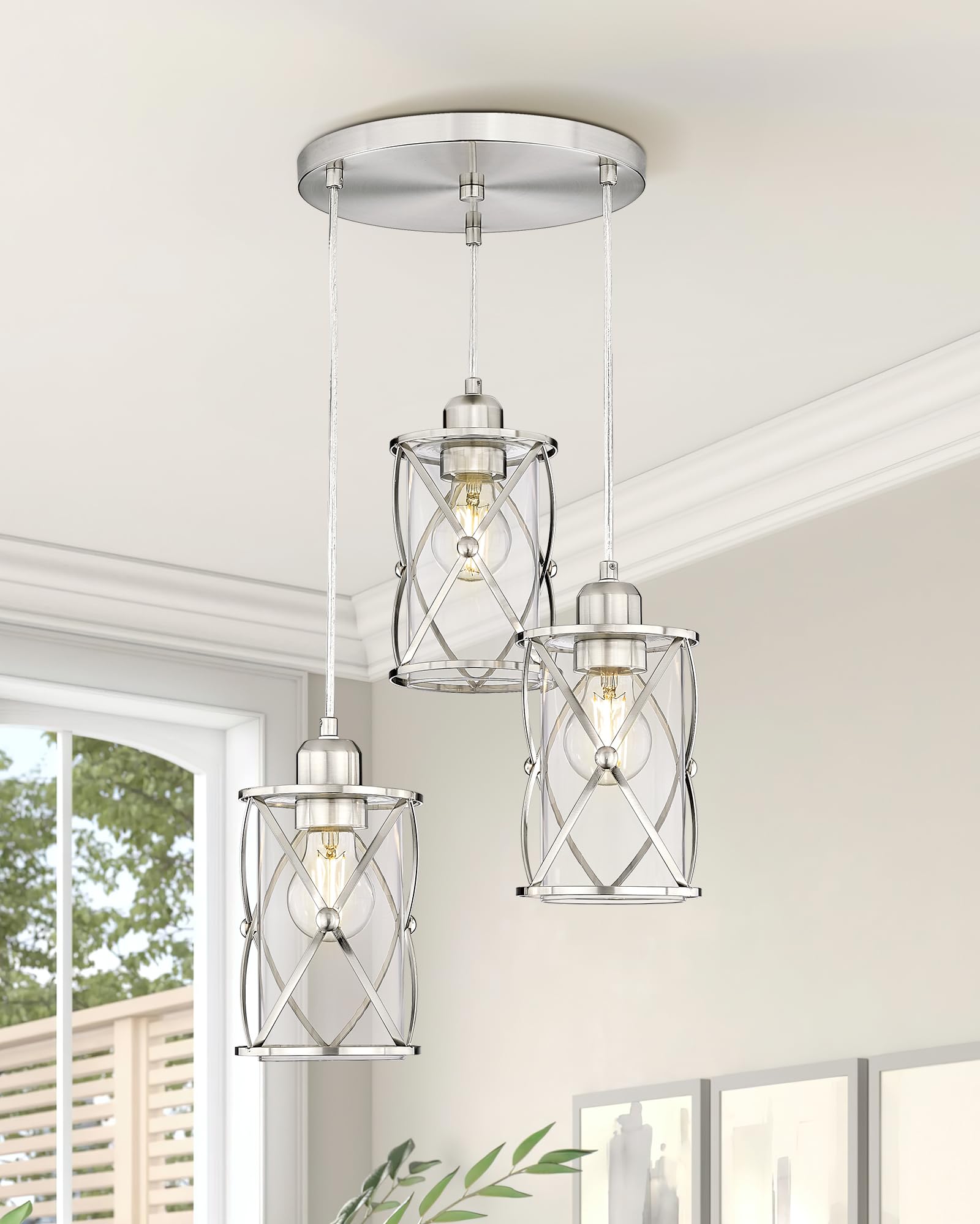Osimir 3-Light Brushed Nickel Chandelier With Clear Glass For Dining Room & Kitchen Island