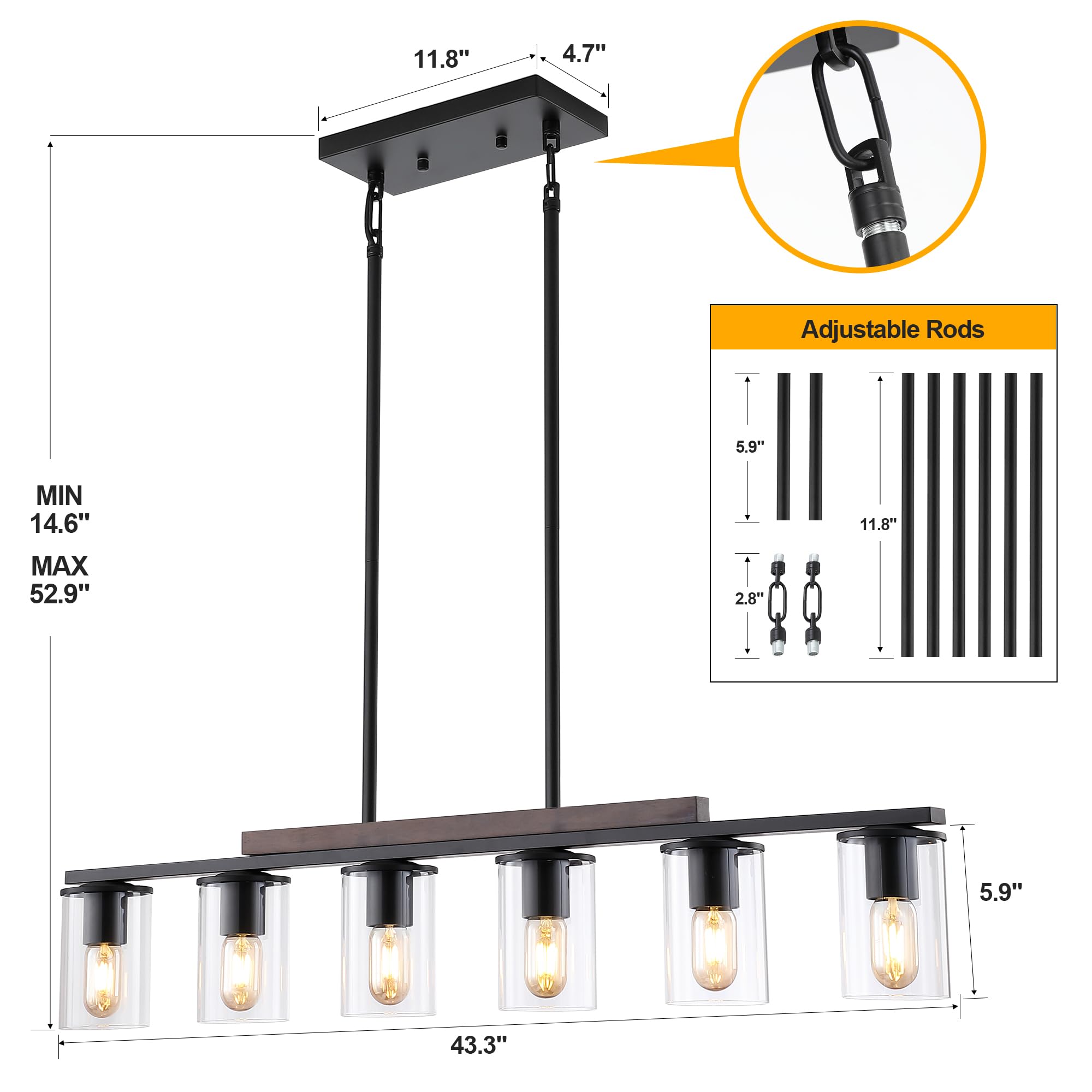 Mecgirn Farmhouse Dining Room Light Fixtures Over Table, Black Pendant Lights For Kitchen Island, 6 Light Large Linear Chandelier Lighting With Wood