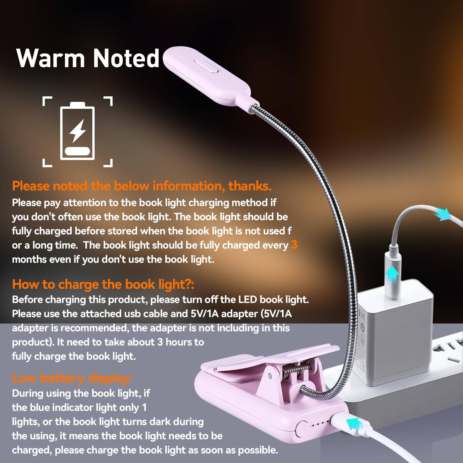 VAVOFO Rechargeable Book Light, Amber 1600K, 7 LEDs, Clip-On, 1-Pack, Pink Purple, Model KM-6720A