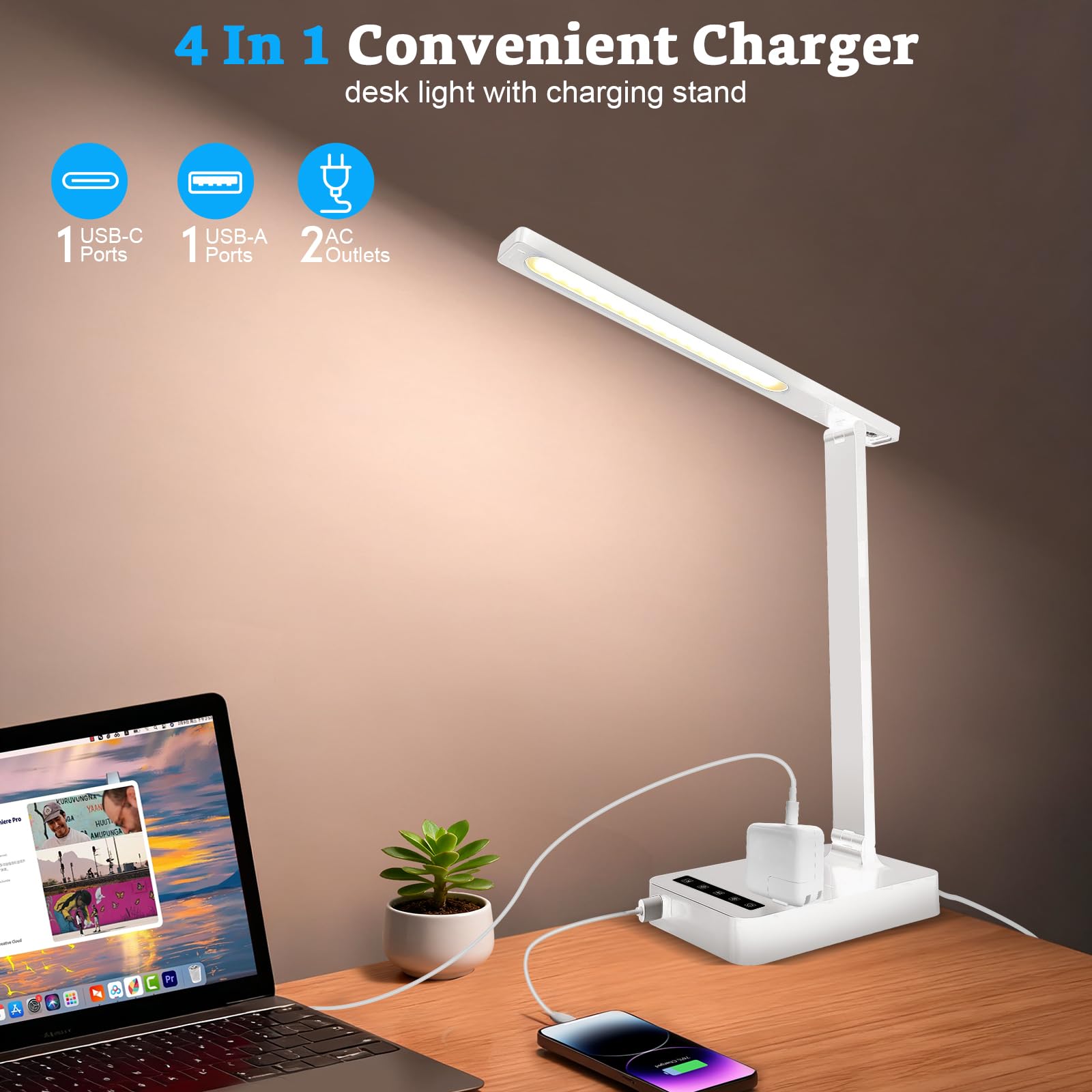 snsok Smart Desk Lamp with 4-in-1 Charging Station, 5 Color Temps, Adjustable Gooseneck, Tall 16.73" White, Model TX26C