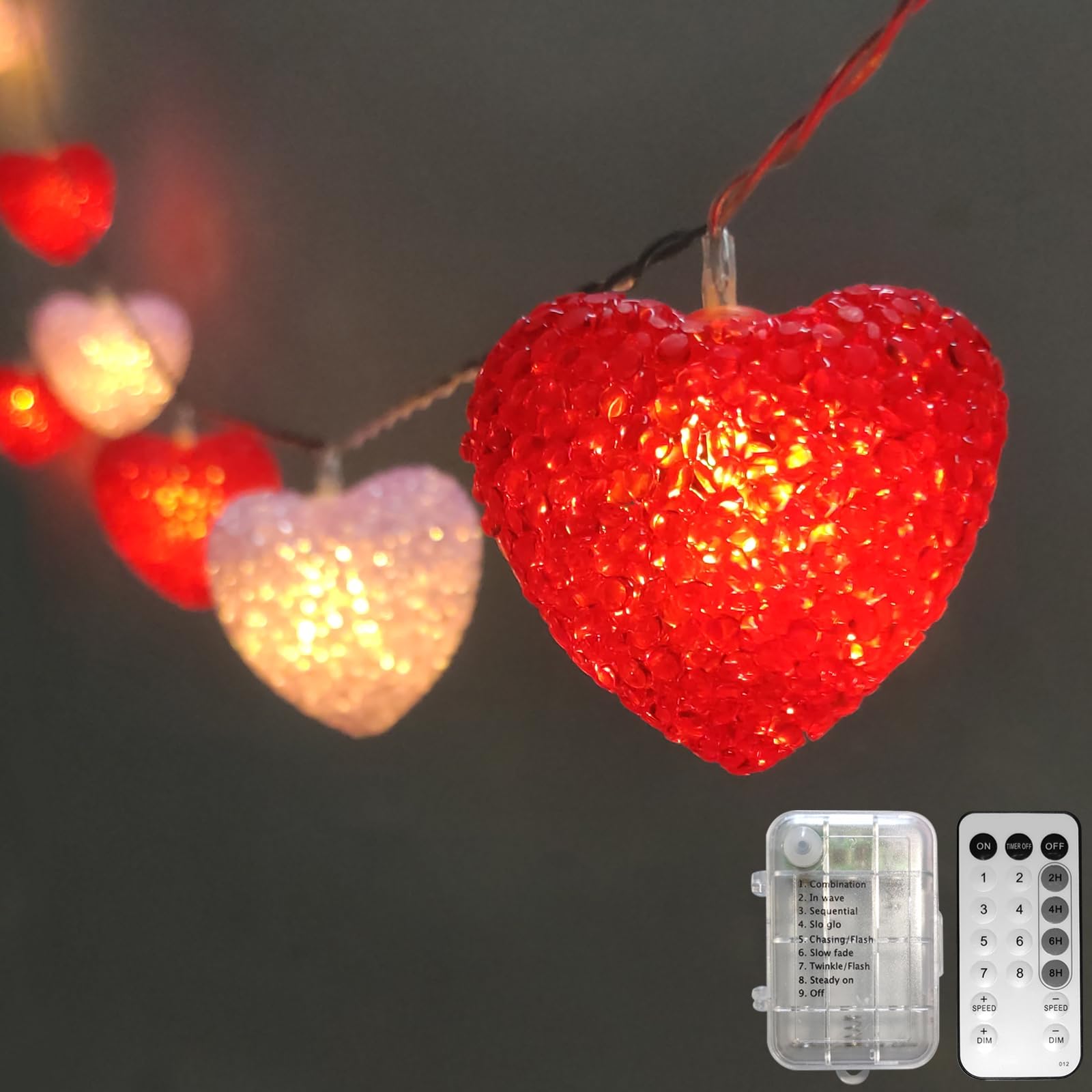 Valentine Lights String Battery Powered 6.8Ft 10 LED Heart String Lights with Remote Timer, Valentines Day Heart Lights for Indo