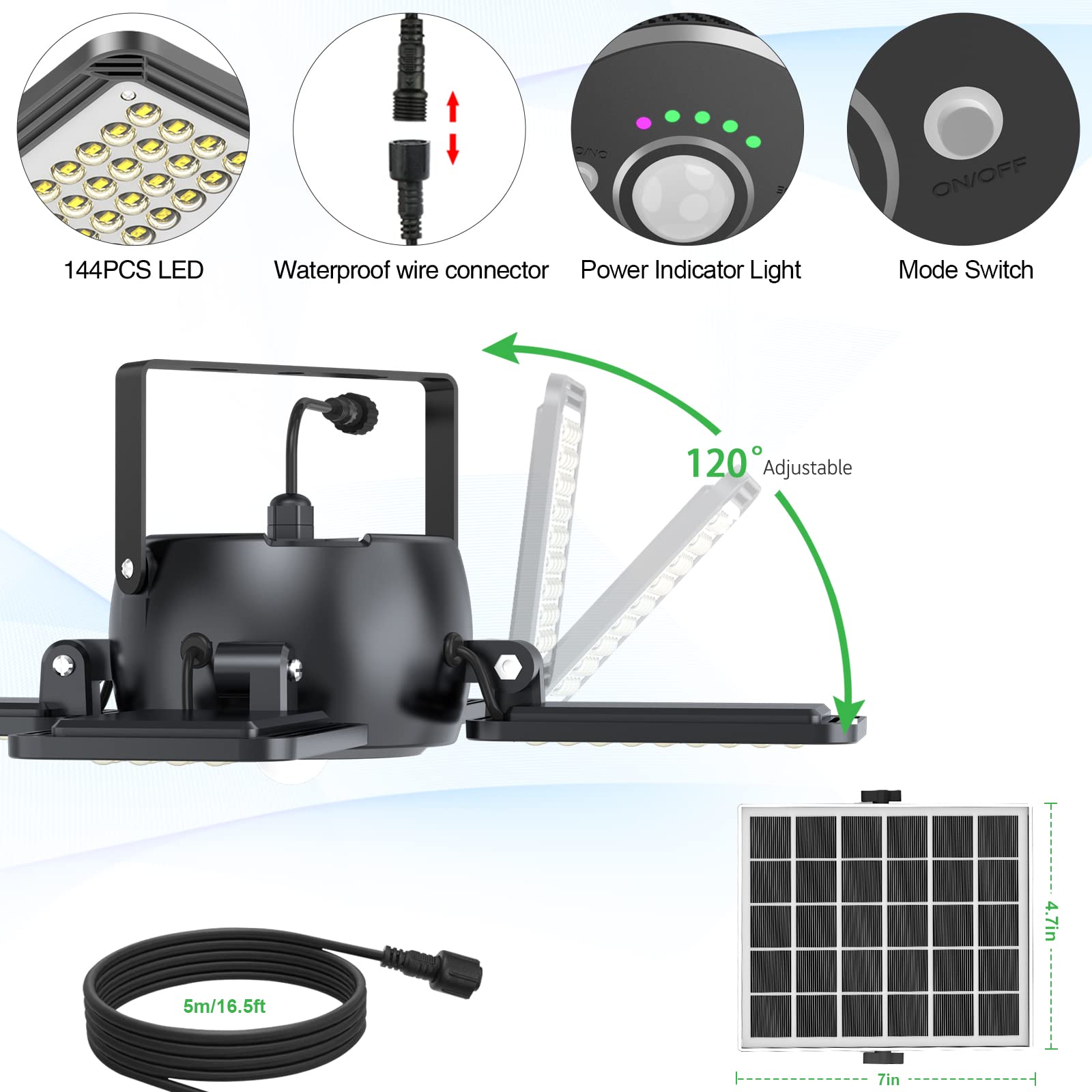 INXPHY Solar Shed Light 1200LM, 144LED, Motion Sensor, 5 Lighting Modes, Remote Control, 120° Adjustable, Black-2, Model A04