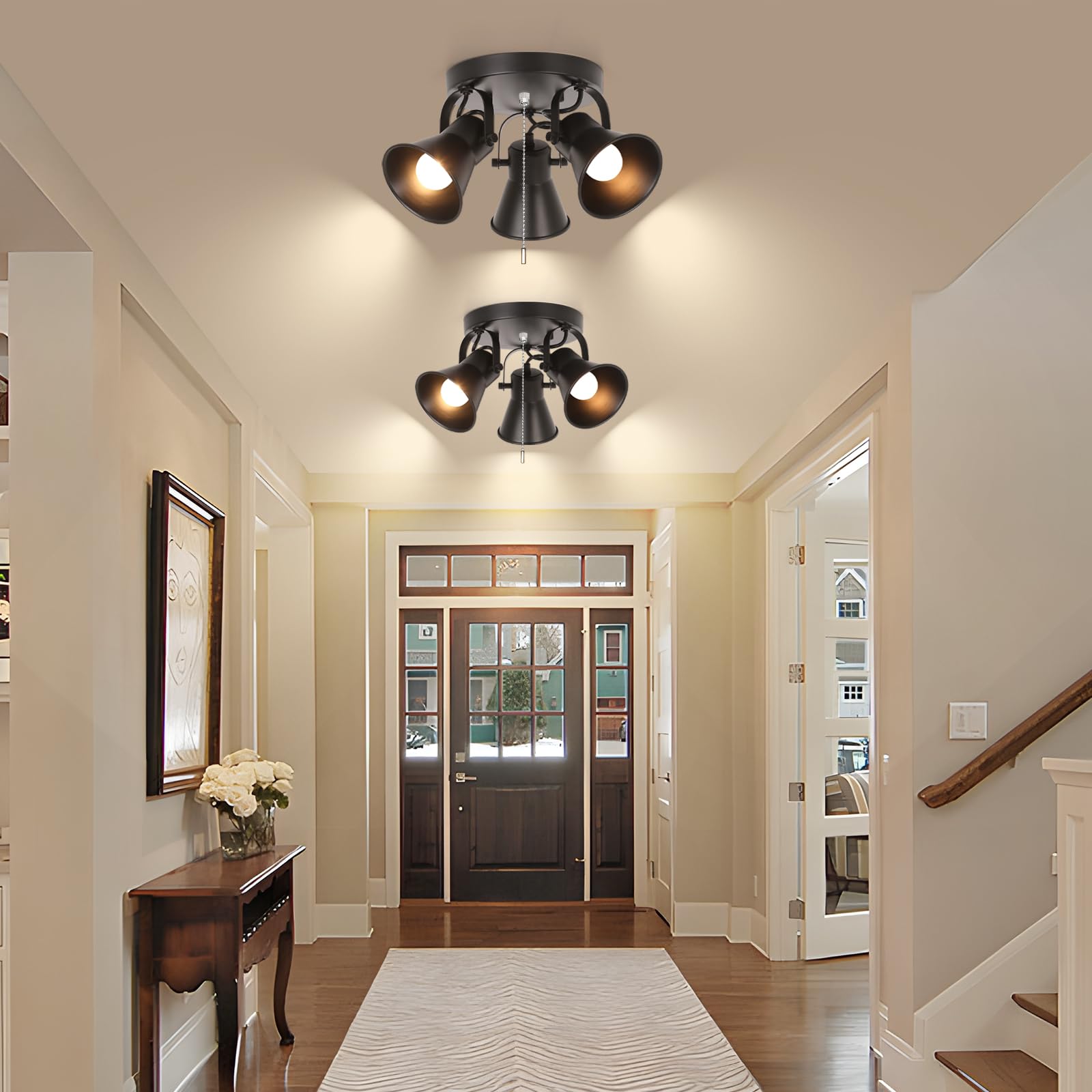 Seeblen 3-Light Industrial Track Lighting With Pull Chain On/Off Switch, Adjustable Round Kitchen Ceiling Light, Morden Black Fl