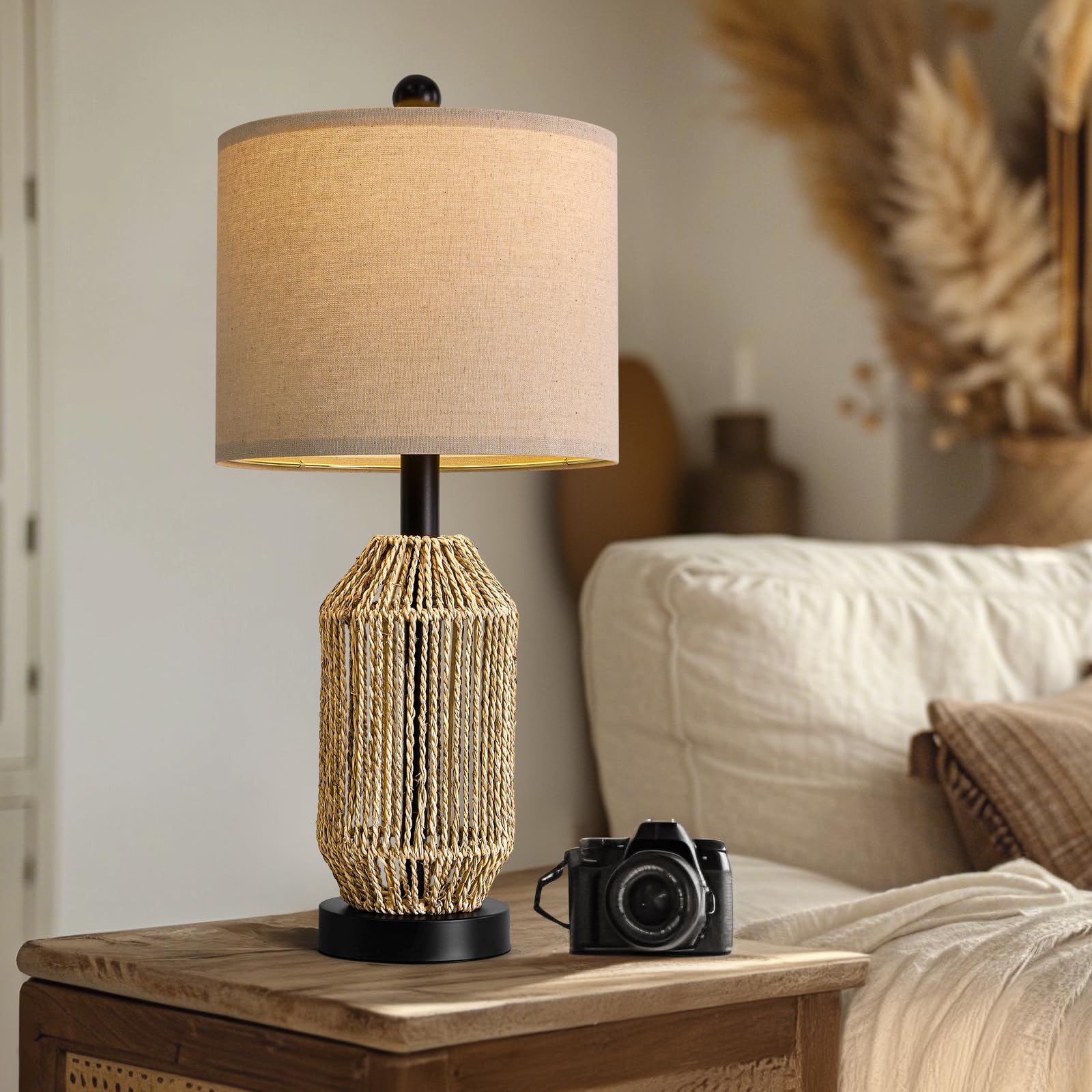 Oyears 21'' Boho Table Lamps Set Of 2 For Living Room, Bedside Lamps For Nightstand, Rattan Lamp For Bedroom, Farmhouse Table La
