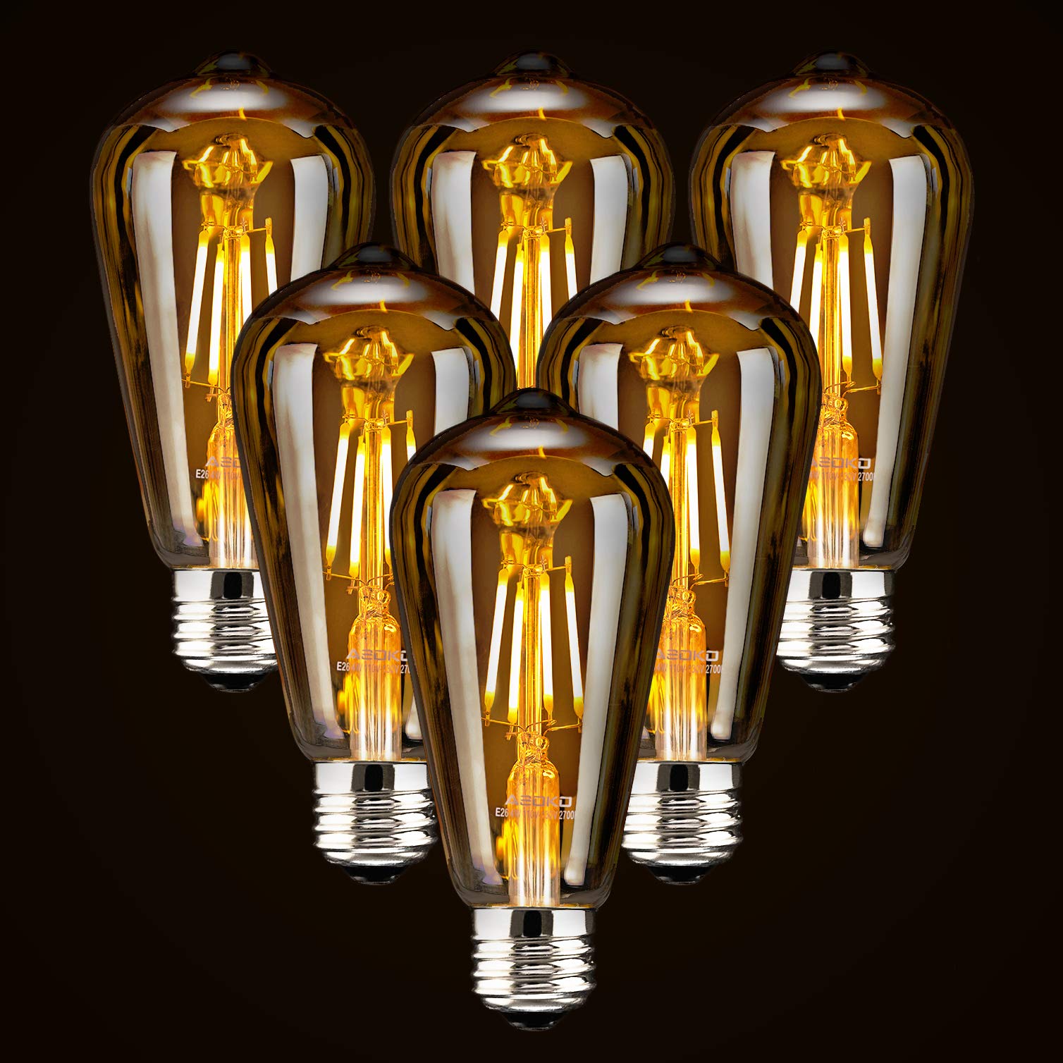 LED Dimmable Edison Light Bulbs 4W, 2200K-2400K Warm White (Amber Glass) ST64, E26 Base Pack of 6