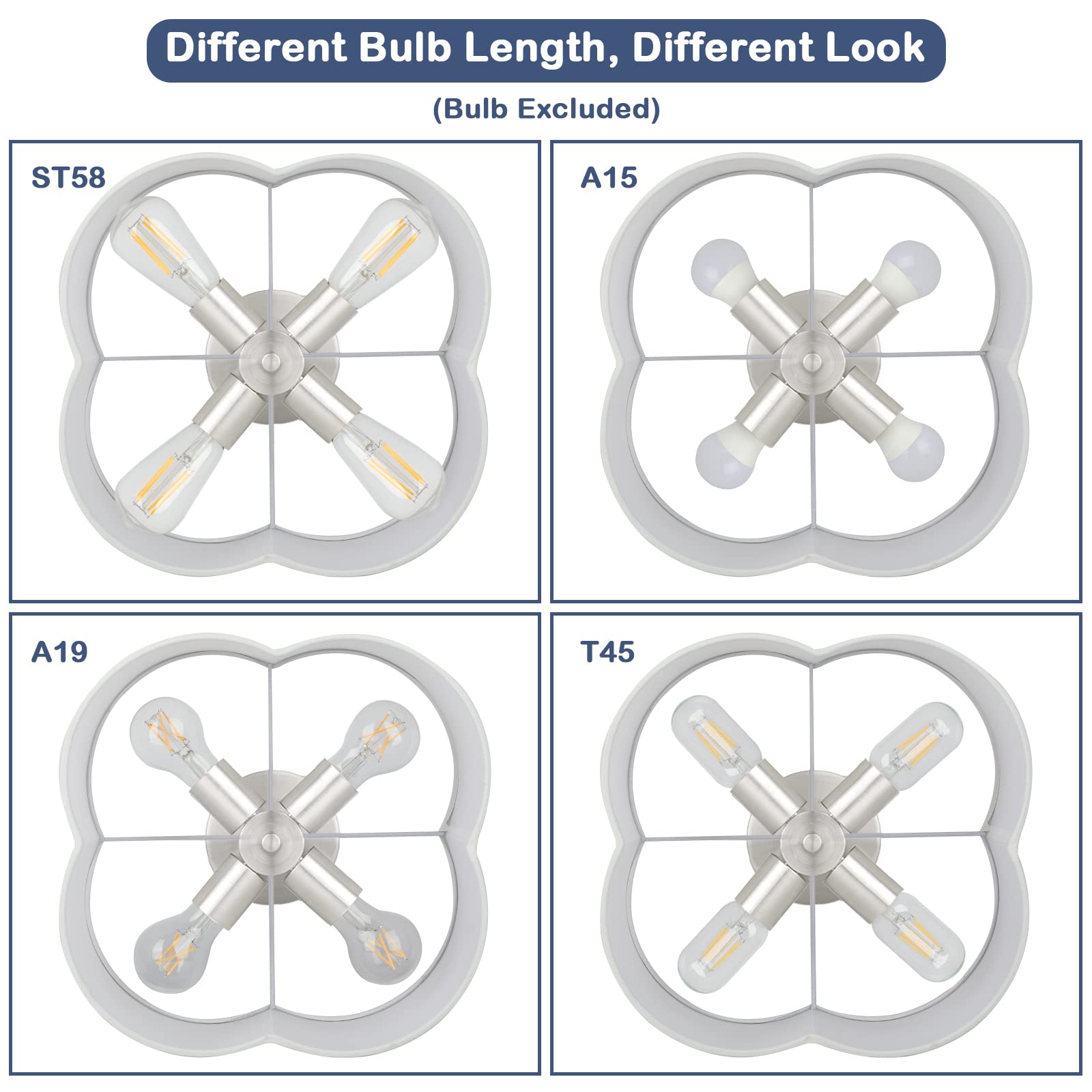 4-Light Semi Flush Mount Ceiling Light Fixture, Silver Modern Close To Ceiling Lamp With White Fabric Shade, Contemporary Bright