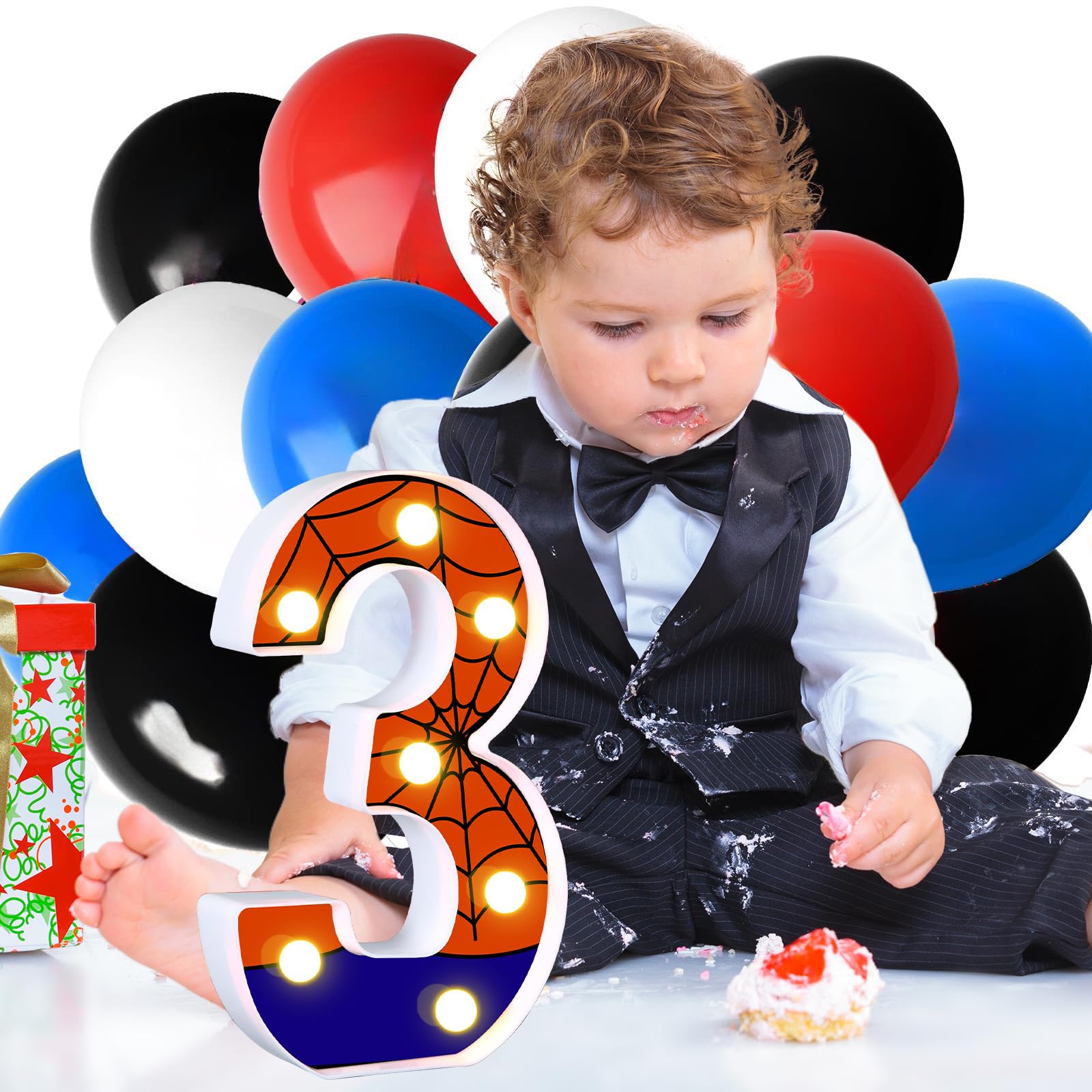 Axbmm 8.5'' Spider Light Up Numbers Spider Birthday Decorations Happy Birthday Light Up Sign Night Light For Spider Decorations