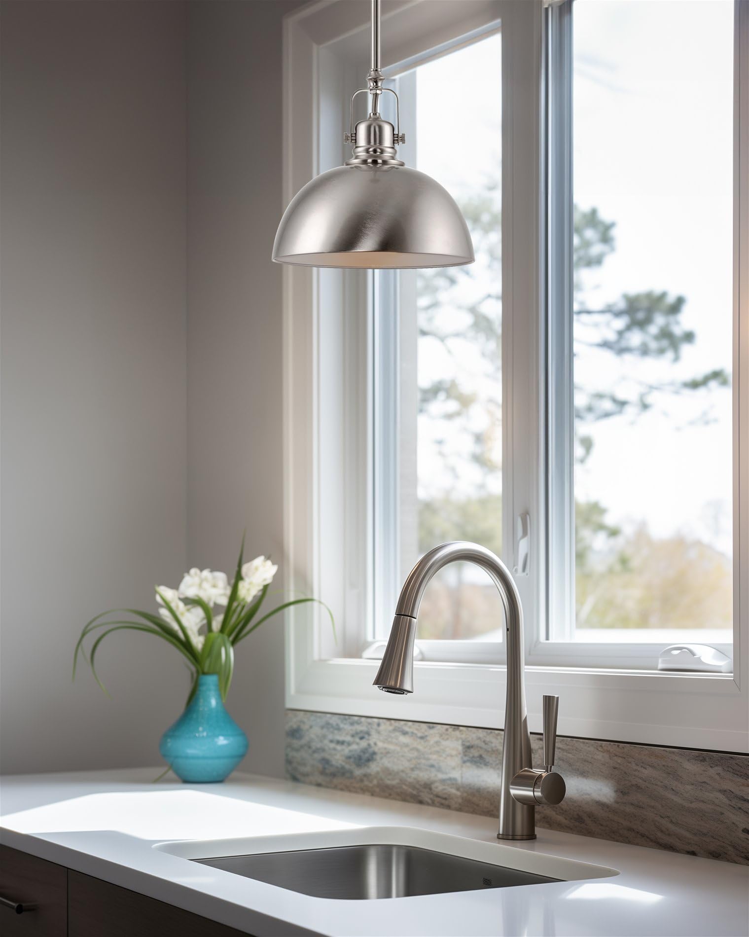Kira Home Belle Pendant Light, 9in Adjustable, Brushed Nickel, Metal, Model RVY-CP9751-BN