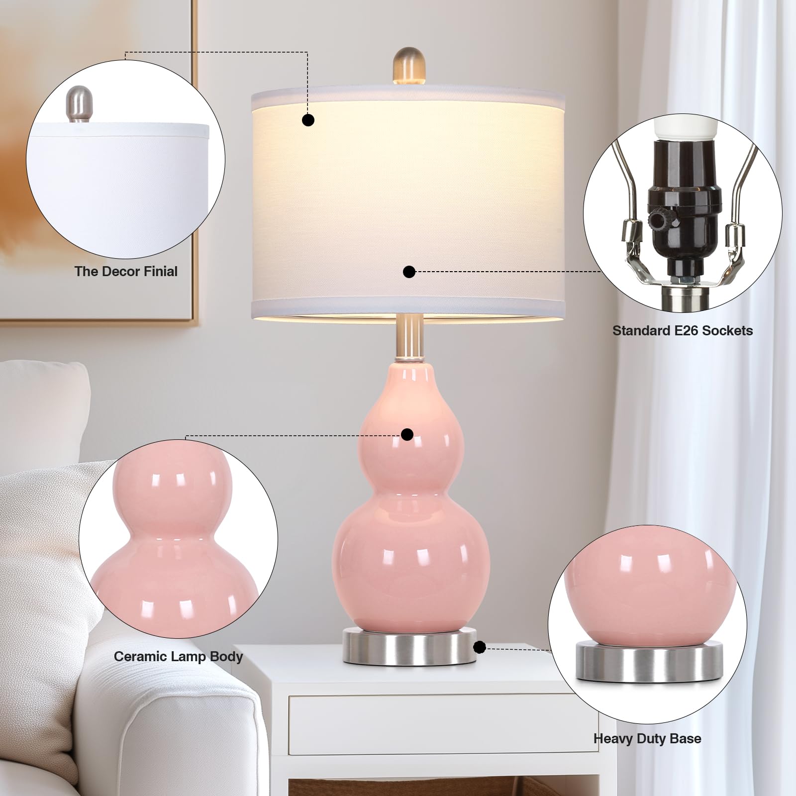 Rinweey Double Gourd Ceramic Table Lamps Set of 2, Modern Pink Nightstand Lamps for Bedroom, Bulb Included, Large Size