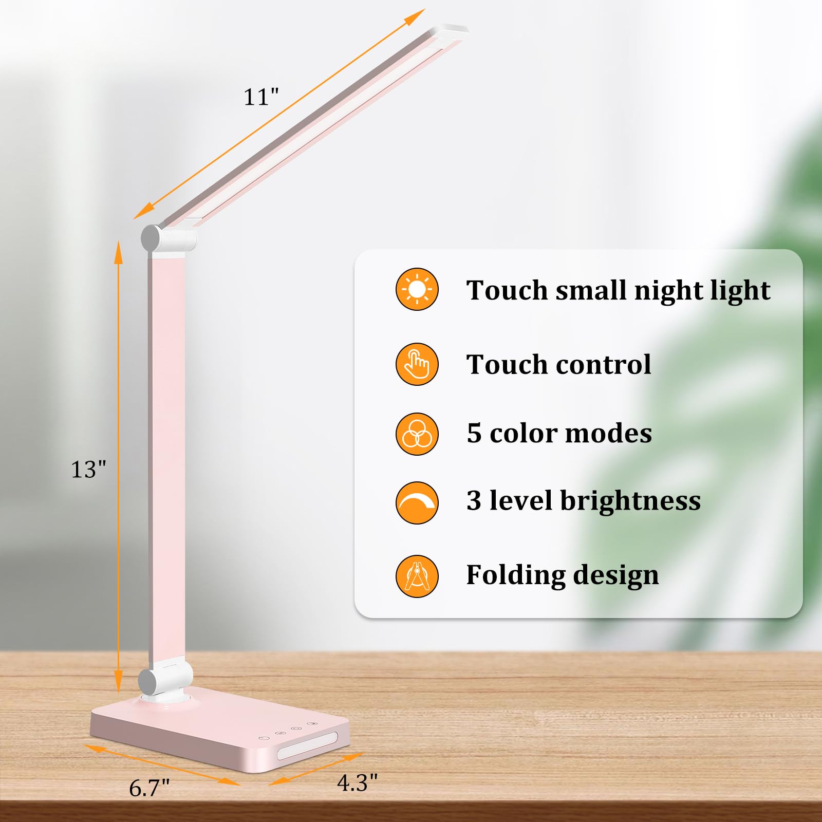 Led Desk Lamp With Usb Ports,Touch Desk Lamps For Home Office With 5 Color Modes,3 Brightness Desk Light With Small Night Light,Reading Lamp Table Lamp For Bedroom Bedside Study Pink (With Adapter)