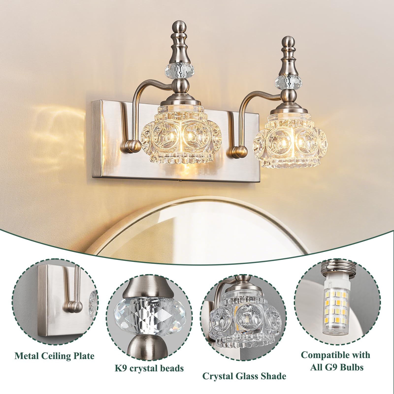 Lbsqj Modern Glass Crystal Vanity Light - Vintage Bathroom Lighting Fixtures Over Mirror  2 Light Vanity Lights G9 Bulb (11.81 Inch  Nickel)