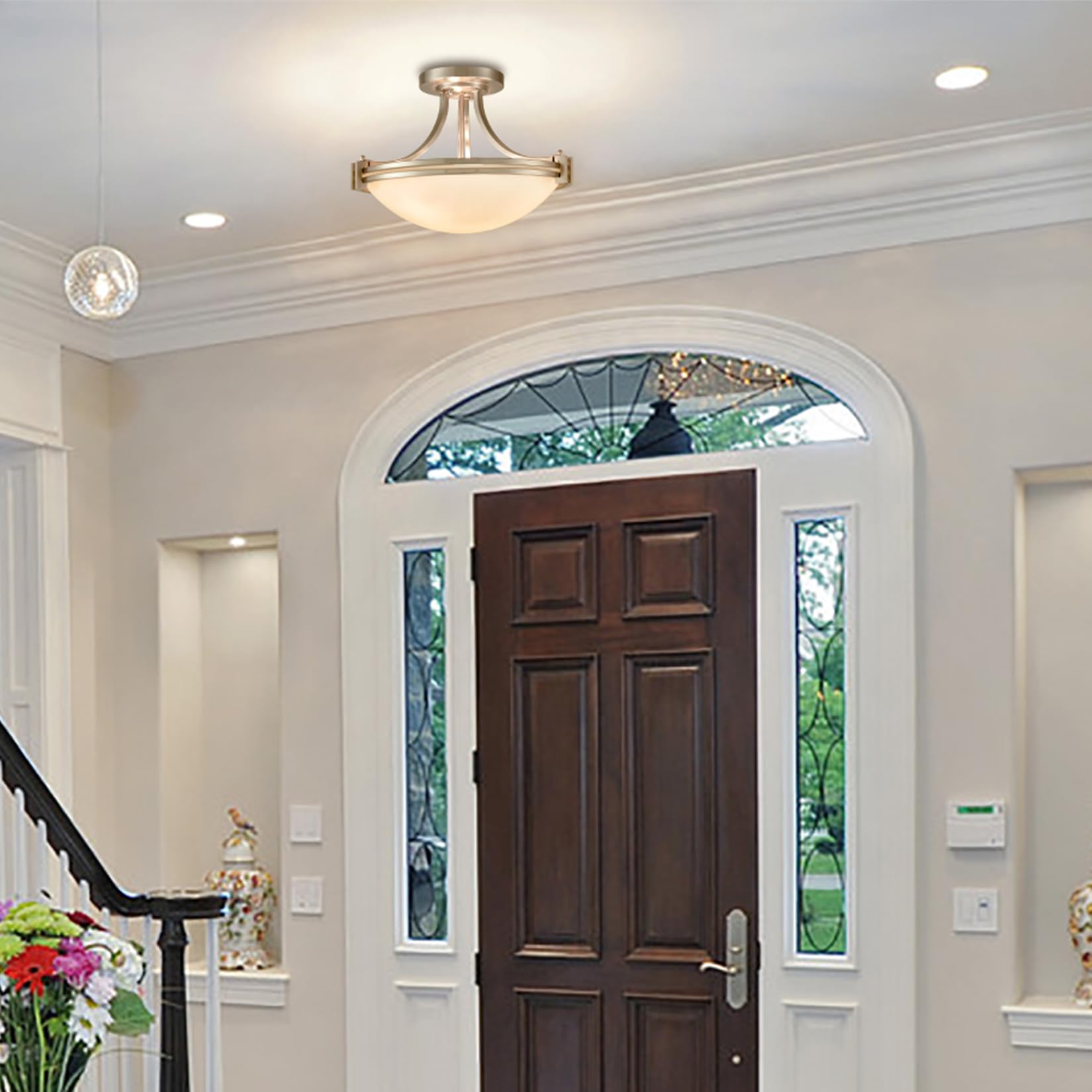 Samteen Brushed Nickel Semi Flush Mount Ceiling Light Modern 3-Light White Glass Hallway Light Fixture Ceiling For Bedroom Livin