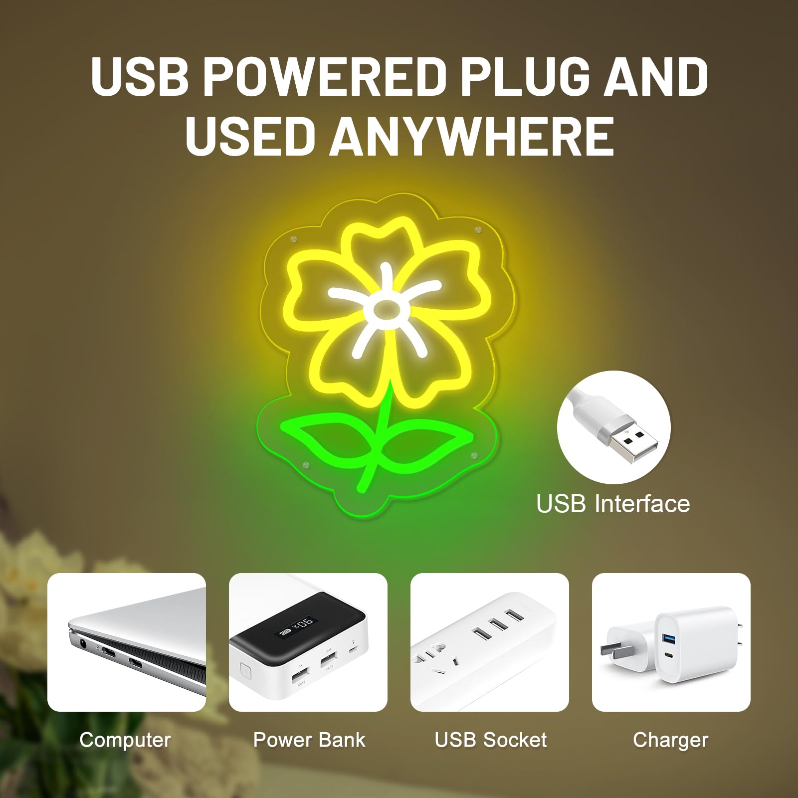 Mupanvid Flower Neon Sign Cute Flower Neon Light Signs By Usb With Switch Colorful Led Sign For Home Bedroom Girl Kid Room Party Game Room Spring Gift Lamp Decor