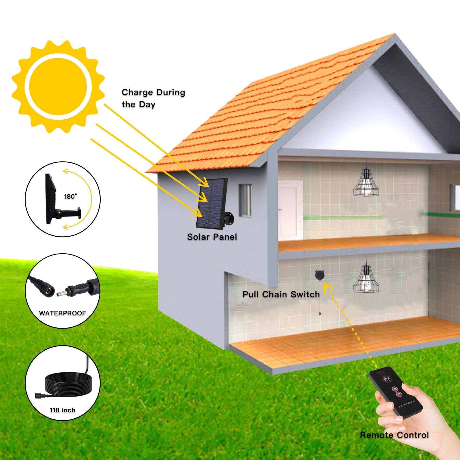 Yumamei Solar Pendant Lights With Remote & Pull Cord, Adjustable Solar Chandelier For Outdoors