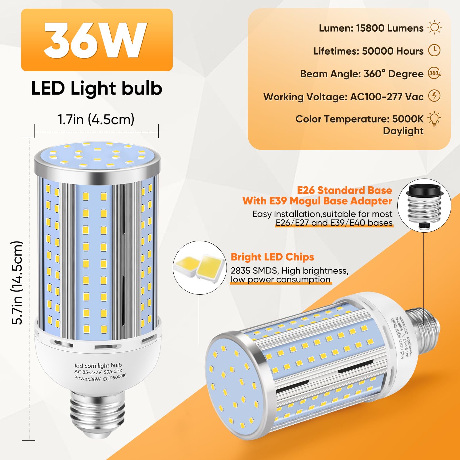 XYCN 6 Pack 36W Corn LED Light Bulb, 5000K Daylight, E26/E39 Base, 5400LM, Aluminum, Energy Efficient